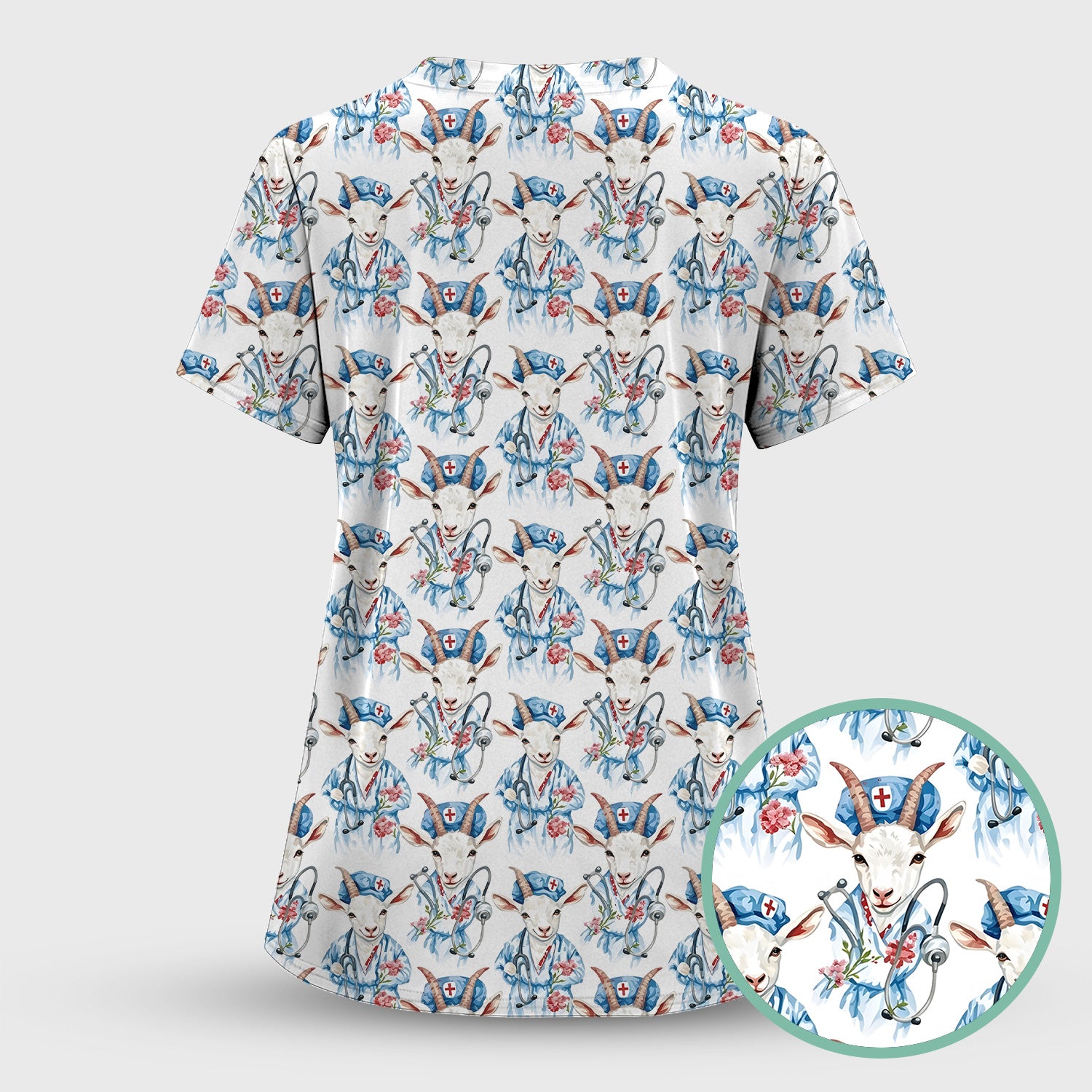 Cute Goat Animal Lover Pattern Scrub Top, Comfortable Scrubs for Nurses