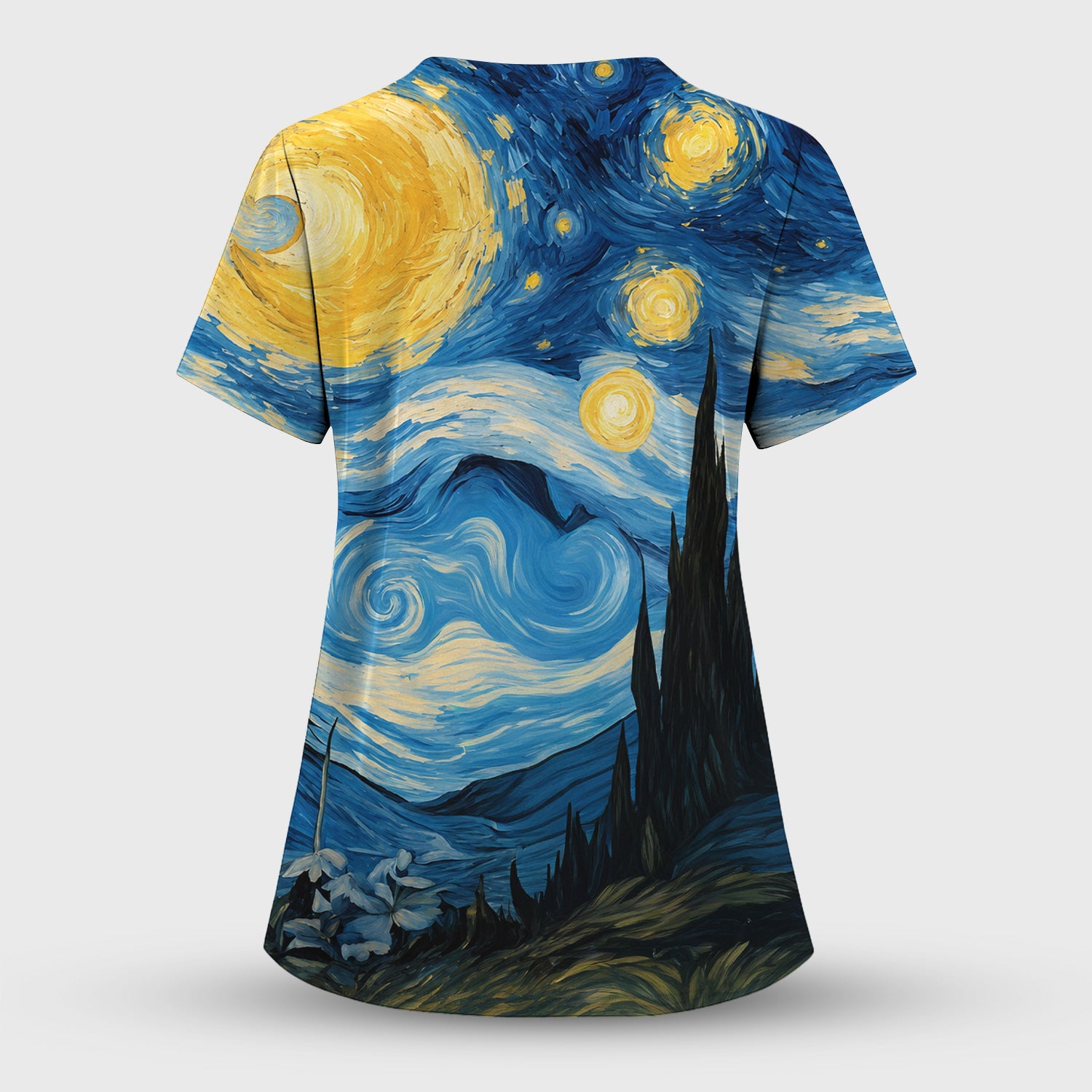 Swirling Moonlit Cat Scene Print Scrub Top, Comfortable Scrubs for Nurses