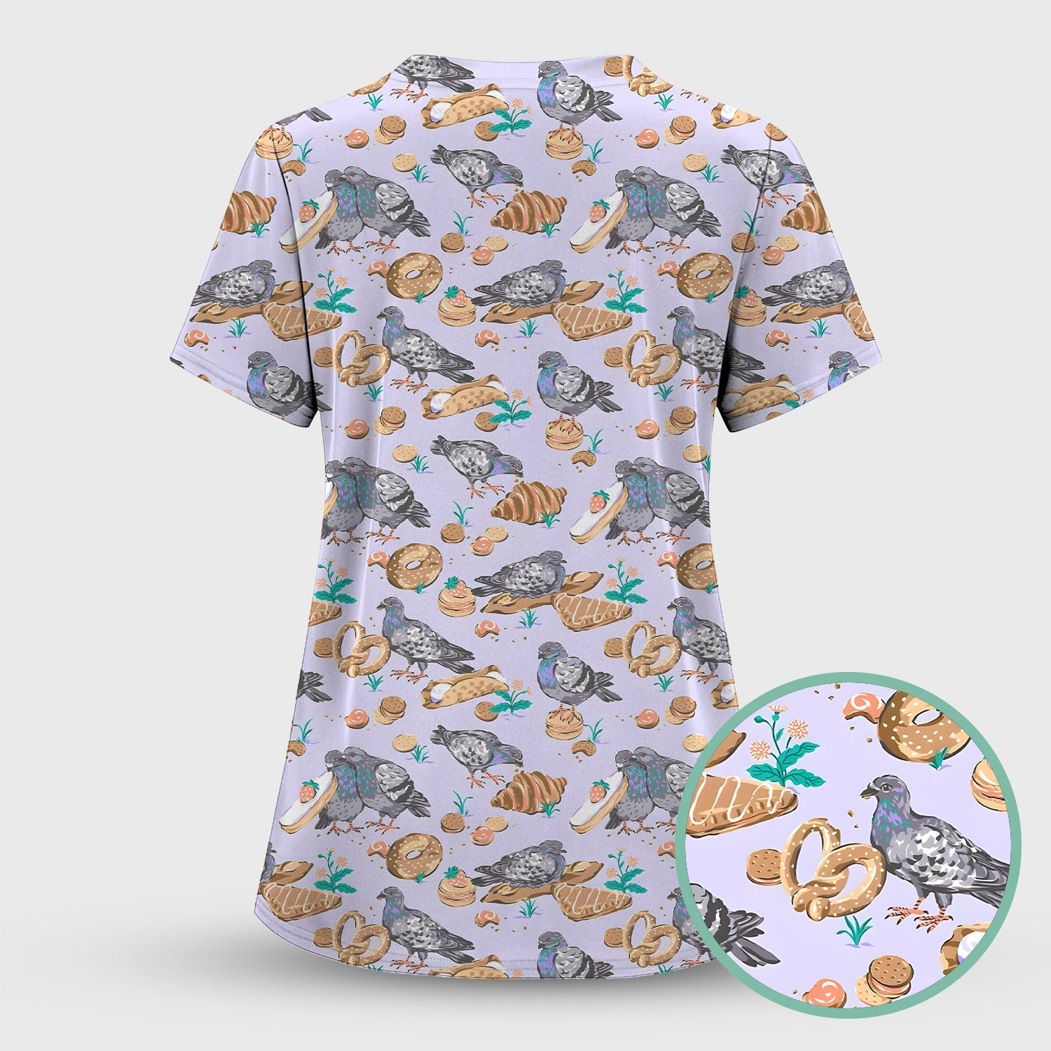 Funny Pigeon Bread Snack Nurse Pattern Scrub Set, Scrub Pants and V Neck Top