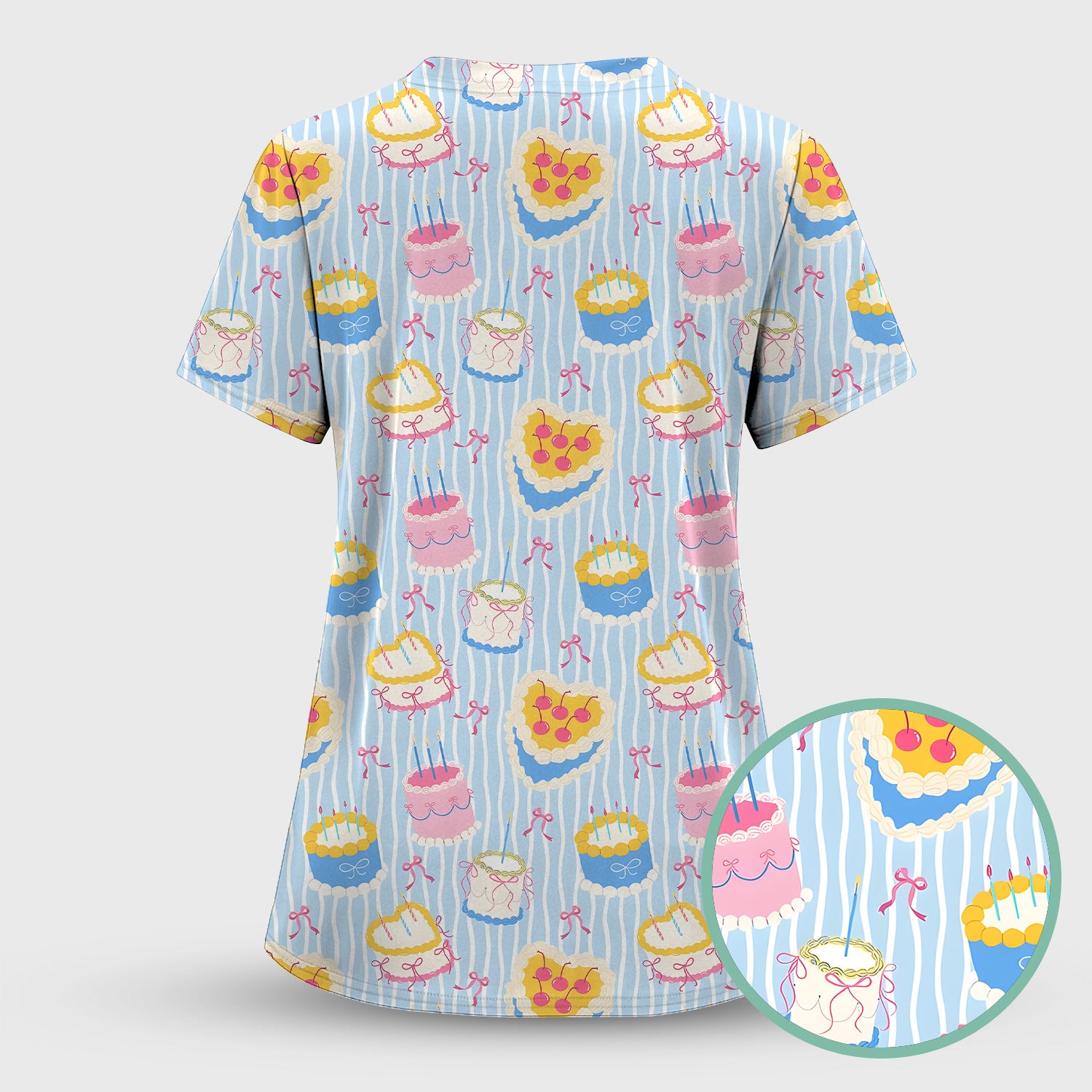 Coquette Cake Bow Stripe Pattern Scrub Set, Scrub Pants and V Neck Top
