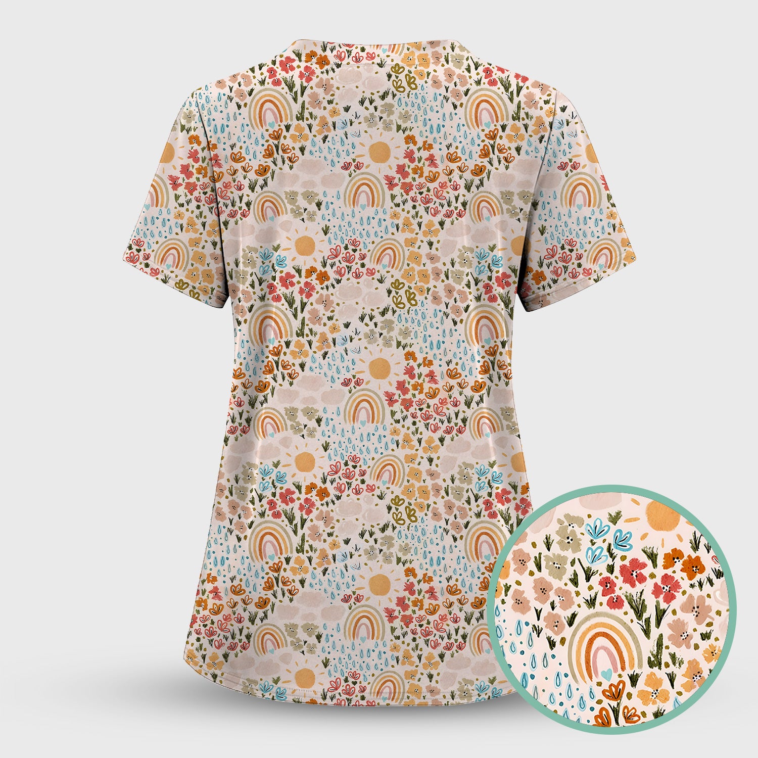 Cute Wildflower Meadow With Rainbow Sun And Raindrops Scrub Set, Scrub Pants and V Neck Top