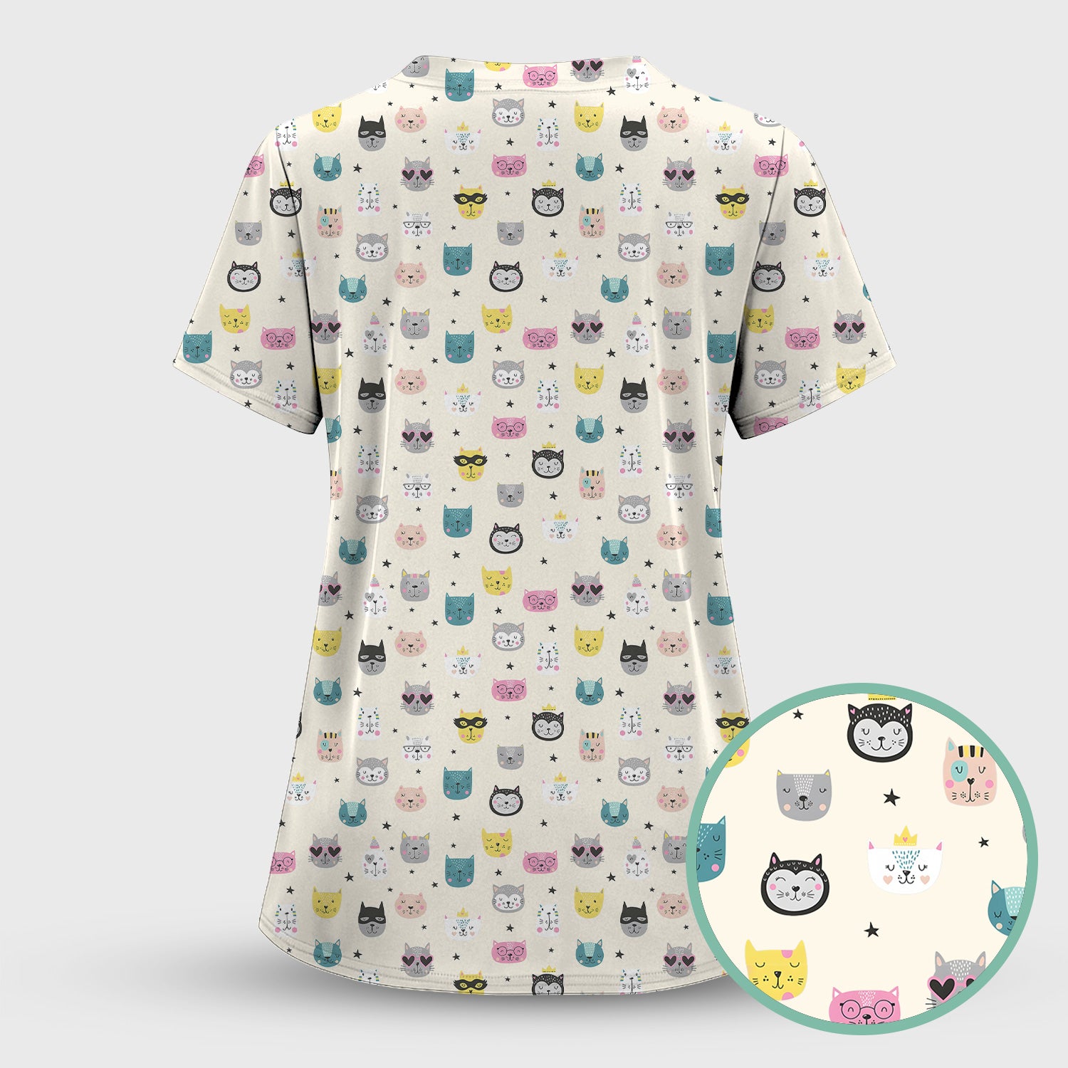Cute Colorful Cat Pattern Scrub Top, Comfortable Scrubs for Nurses
