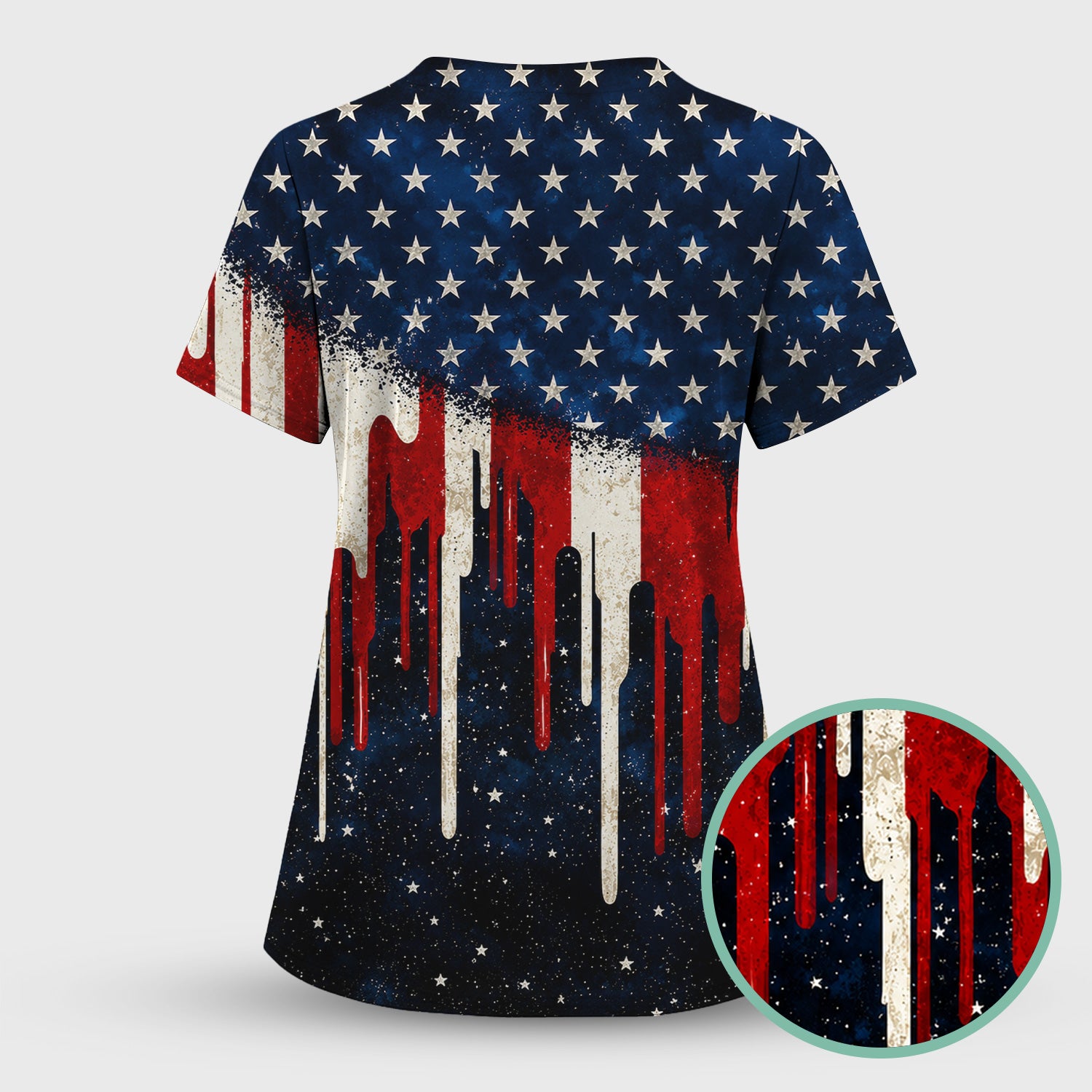 Festive Patriotic Dripping Flag Pattern Scrub Set, Scrub Pants and V Neck Top