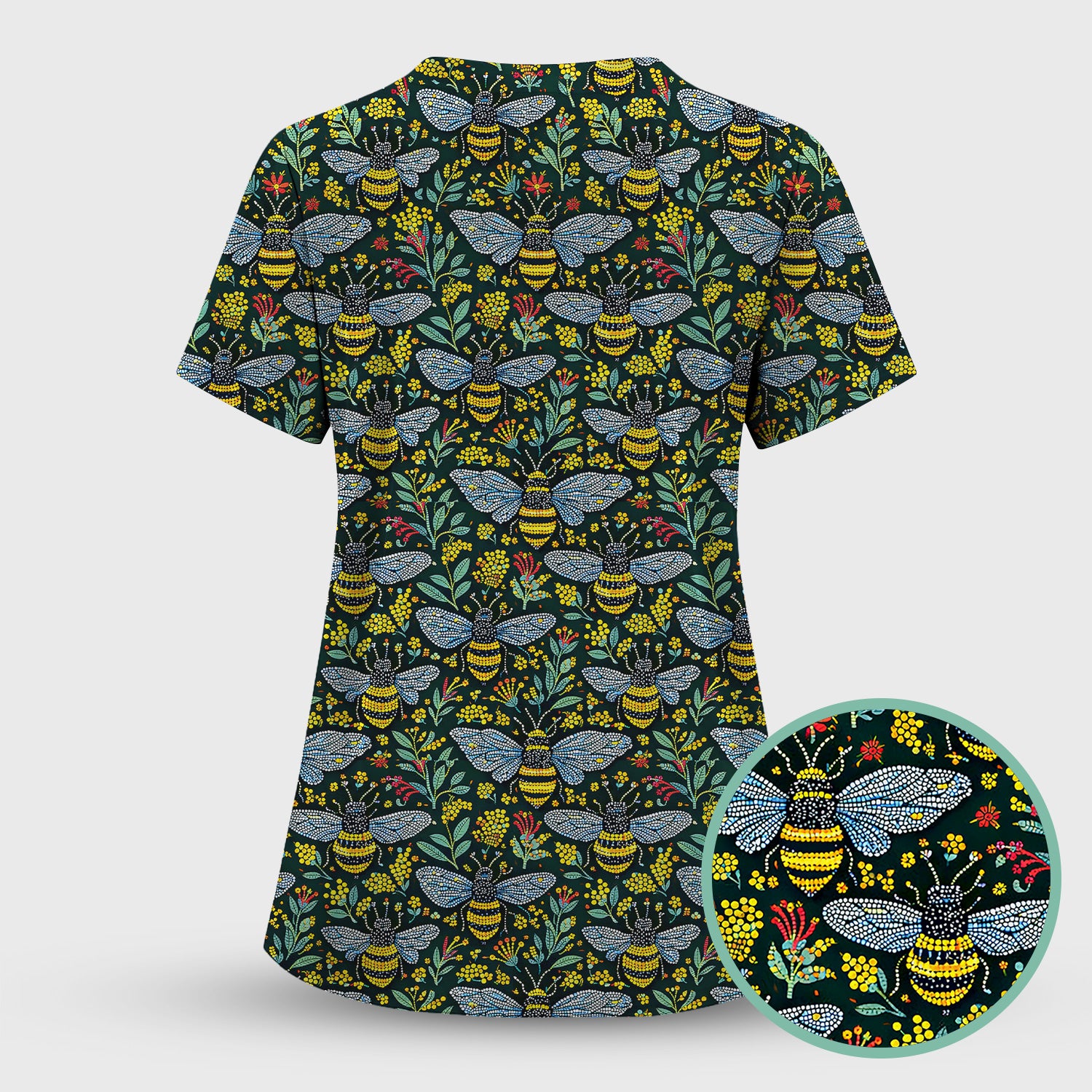 Honey Bee And Wildflower Garden Pattern Scrub Set, Scrub Pants and V Neck Top