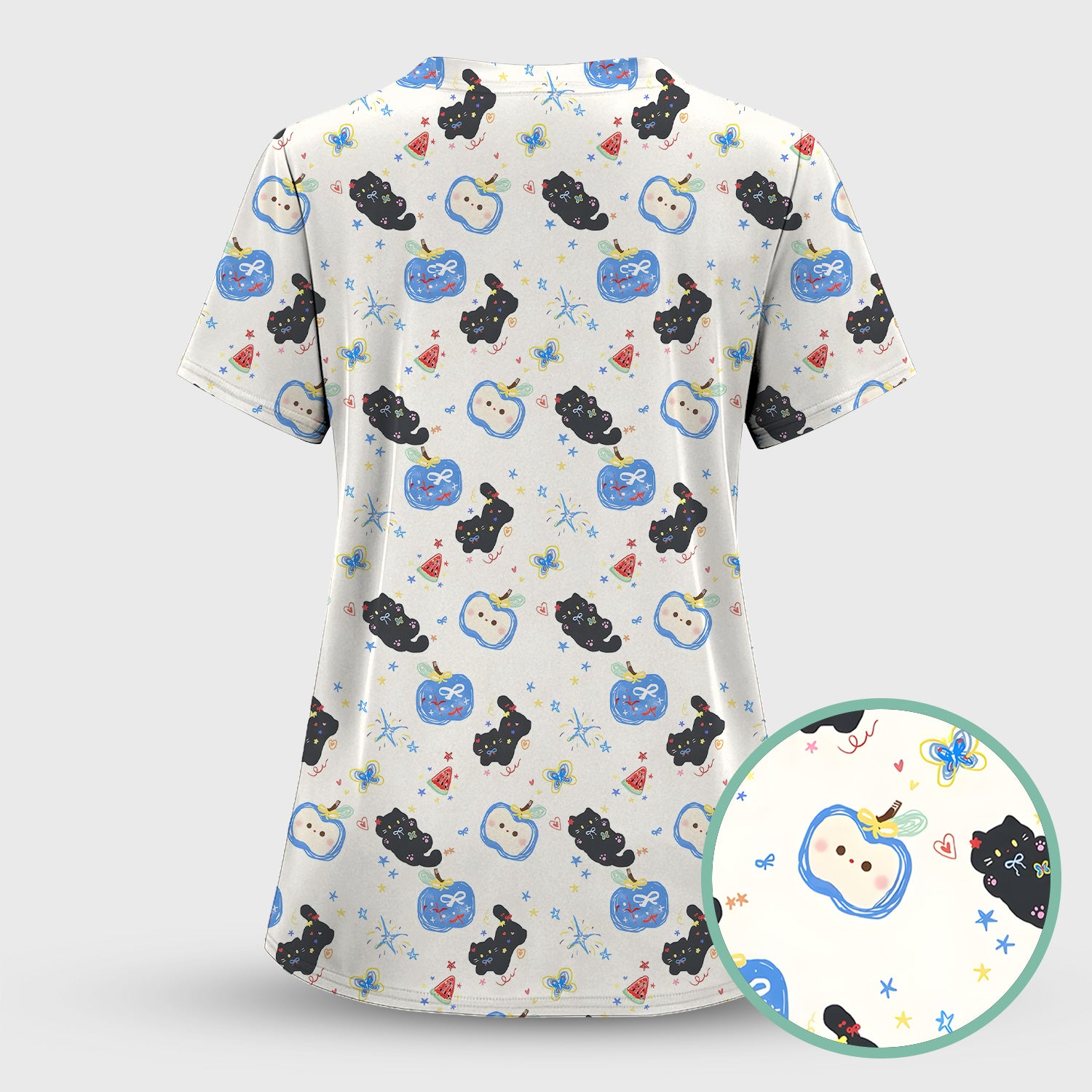 Cute Black Cat and Apple Print V Neck Scrub Top for Nurses
