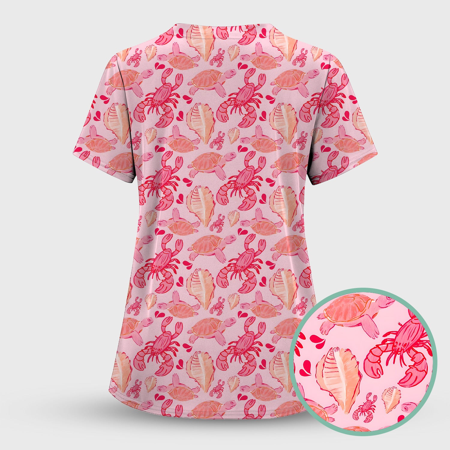 Pink Sea Turtle Lobster Shell Pattern Scrub Top, Coastal Ocean Nursing Uniform for Women