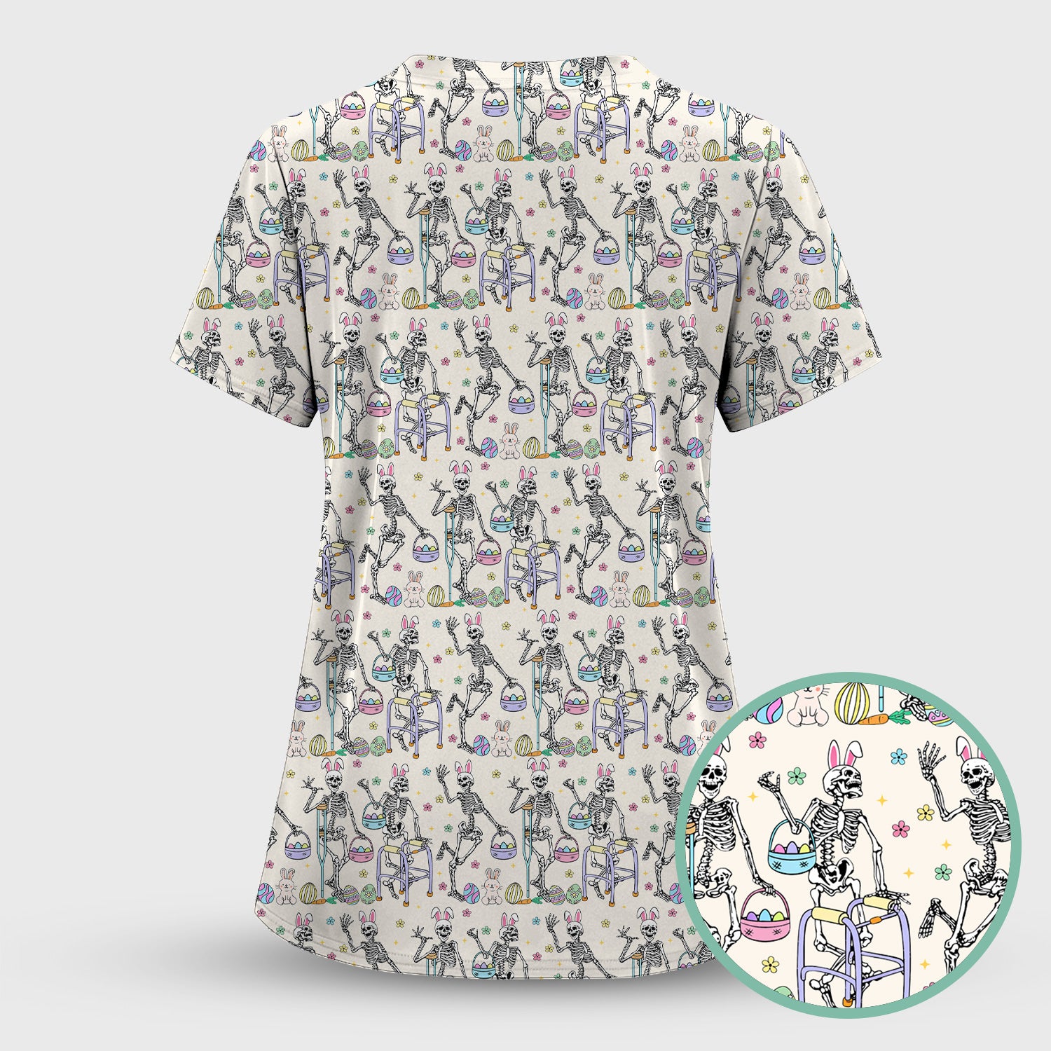 Fun Skeleton Bunny Easter Print Scrub Top, Comfortable Scrubs for Nurses