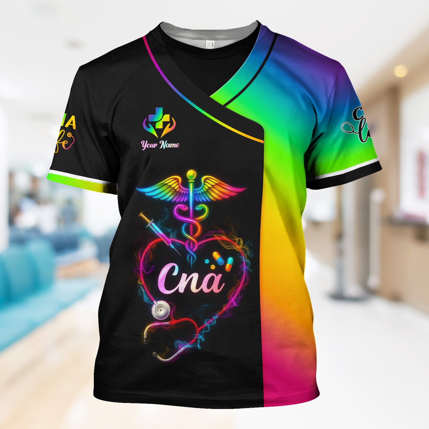 Personalized CNA Scrubs Shirt - Rainbow Medical Nurse Top for Healthcare Workers - Gift for RN LPN Healthcare Workers