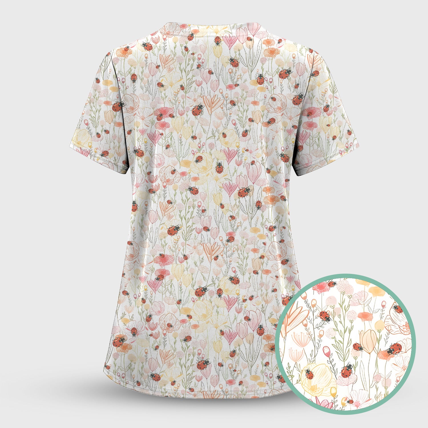 Cute Nurse Wildflower Ladybug Garden Pattern Scrub Top, Comfortable Scrubs for Nurses