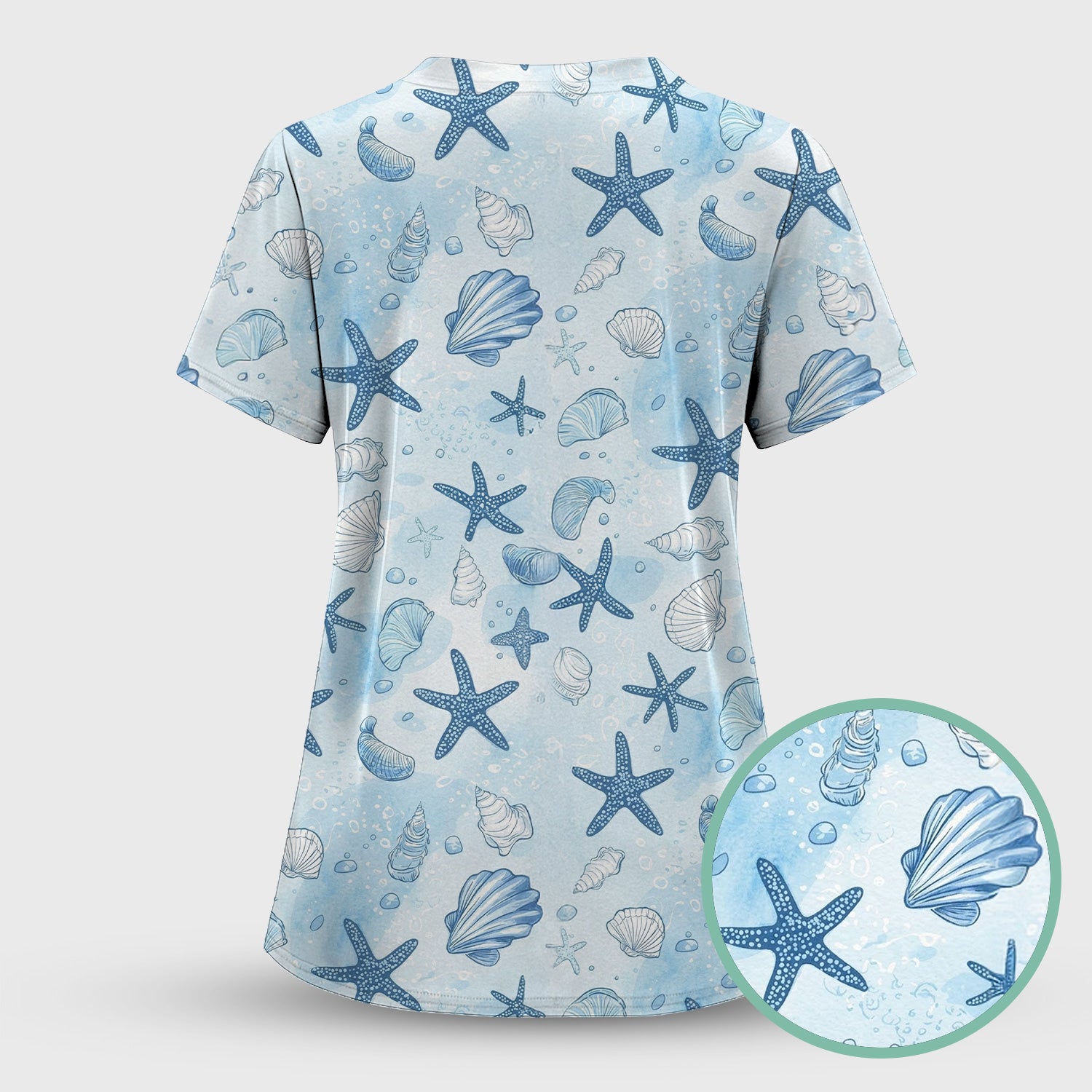 Blue Sea Shells Starfish Pattern Scrubs Top, Comfortable Scrubs for Nurses