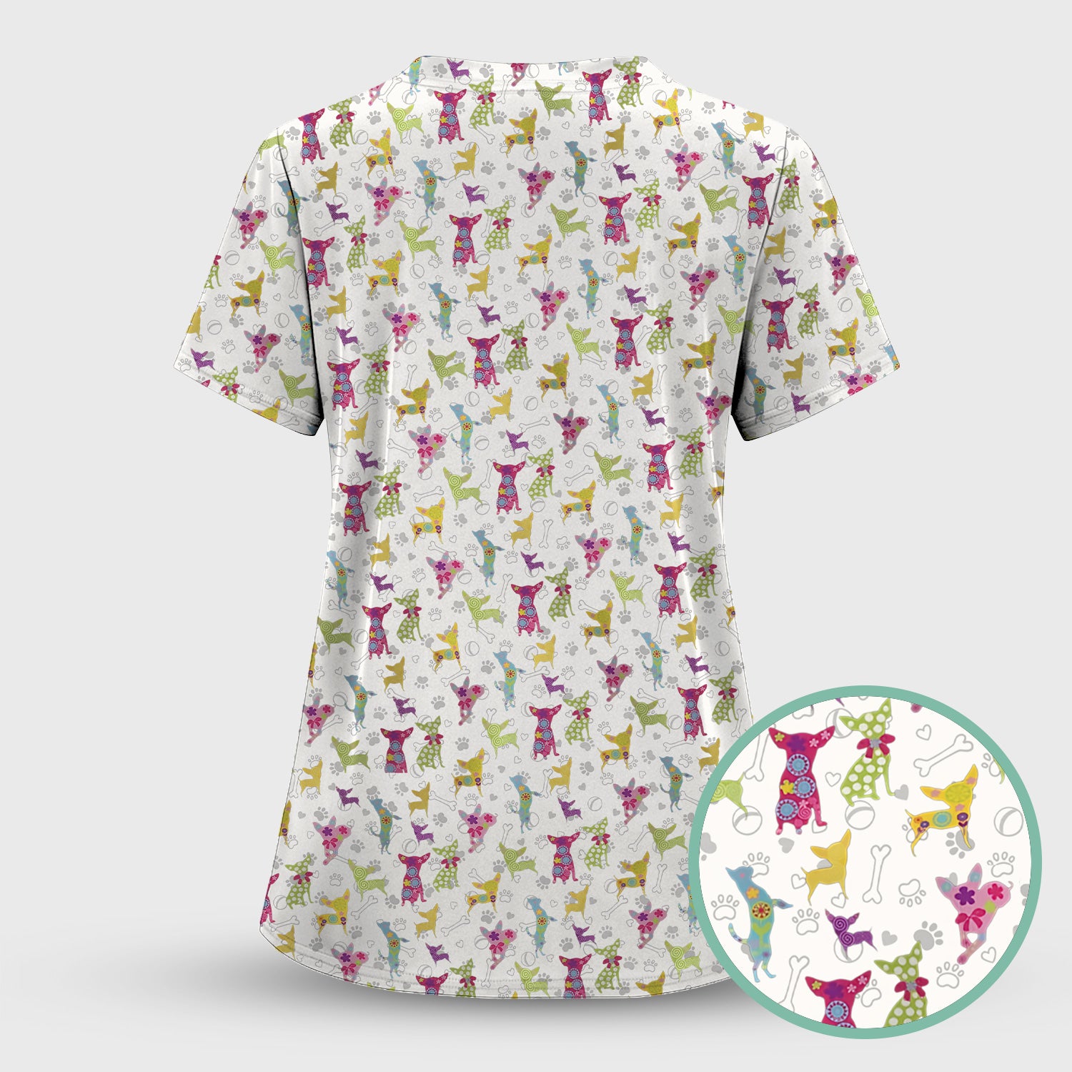 Colorful Playful Dog Print Nurse Scrub Top, Comfortable Scrubs for Nurses