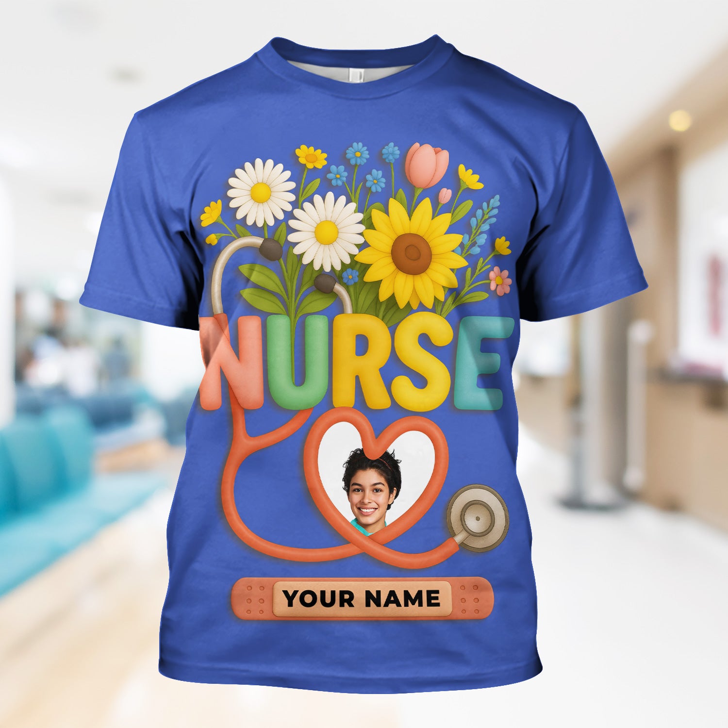 Nurse Appreciation Shirt for CNA RN LPN - Floral Heart Stethoscope Design - Custom Photo & Name Gift for Women Healthcare Workers - Multiple Shirt Colors Available