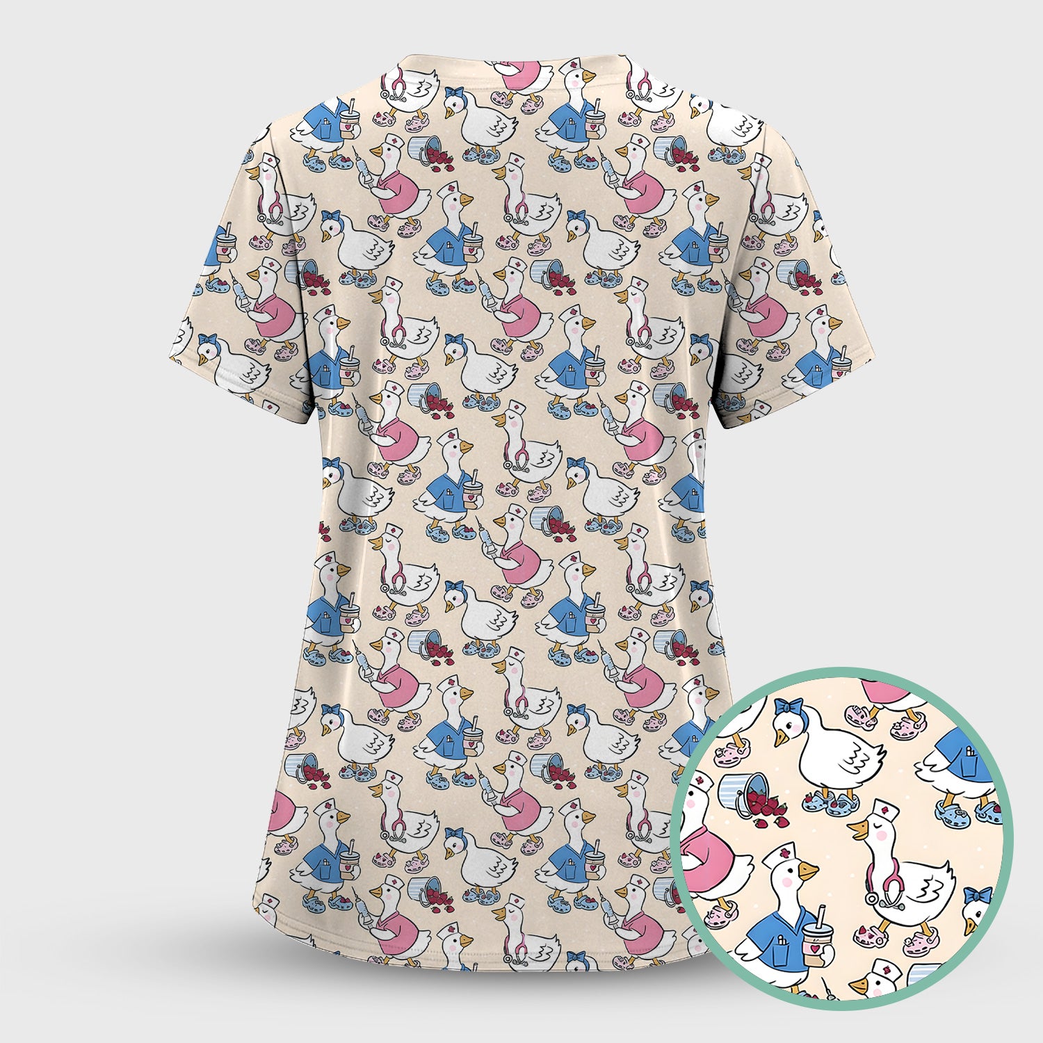 Cute Nurse Goose Cartoon Pattern Scrub Top, Comfortable Scrubs for Nurses