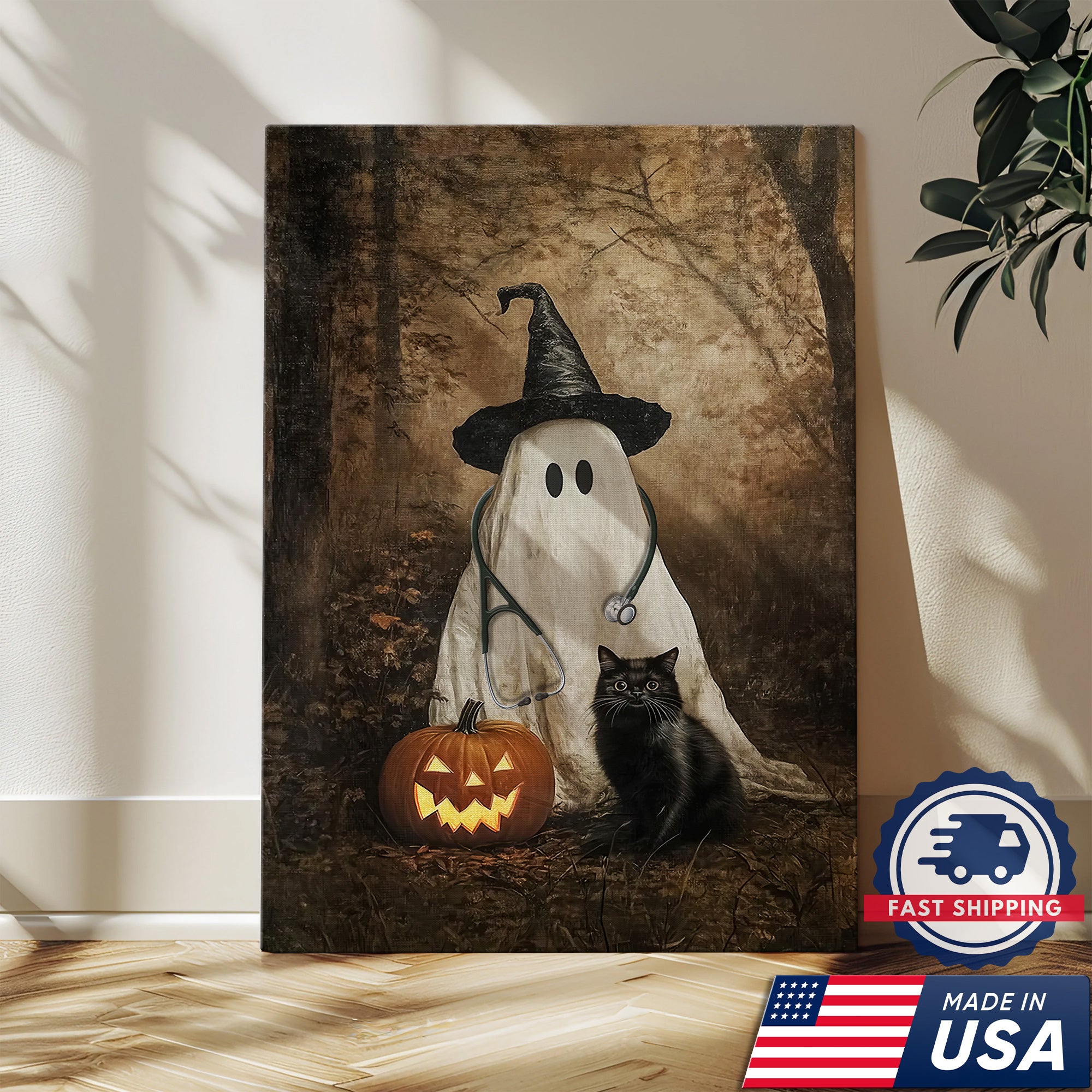 Halloween Nurse Ghost Canvas, Spooky Pumpkin Black Cat Wall Art, RN LPN CNA Gift