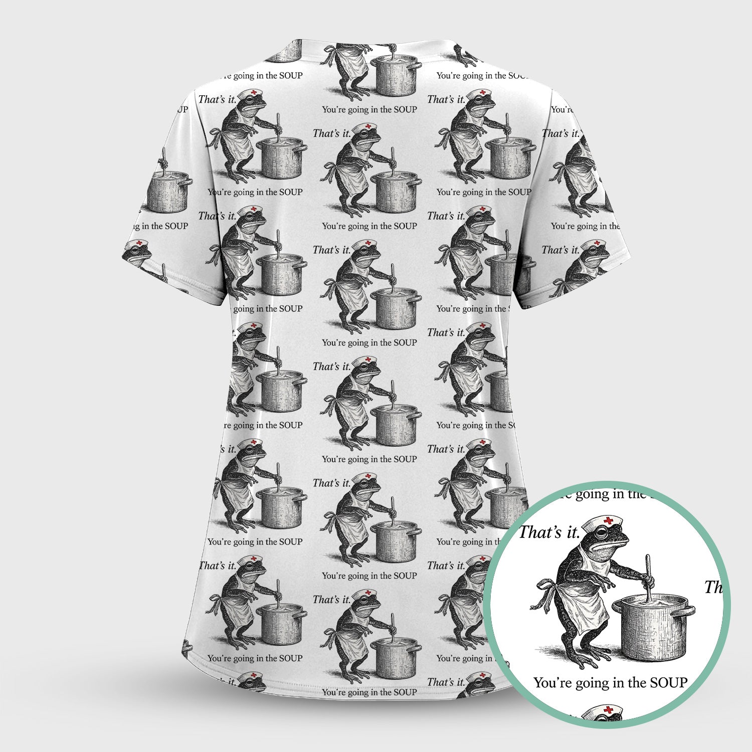 Funny Nurse Frog Cooking Soup Vintage Pattern Scrub Set, Scrub Pants and V Neck Top