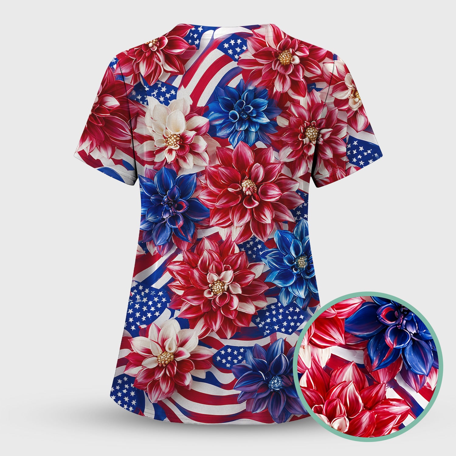 Festive Patriotic Floral Flag Pattern Scrub Set, Scrub Pants and V Neck Top