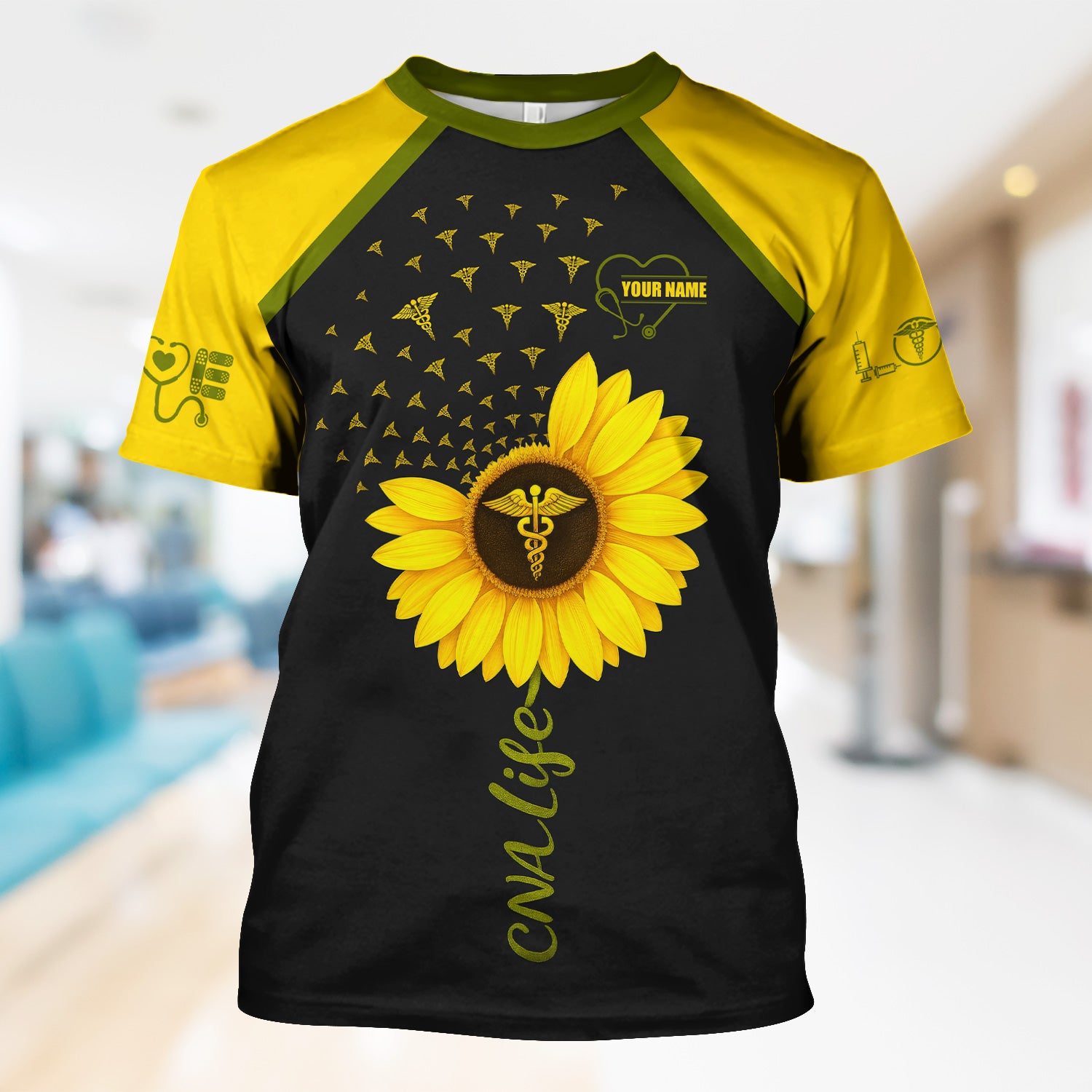 Personalized CNA Sunflower Shirt - Custom Name & Caduceus Symbol Design - Gift for RN LPN Healthcare Workers