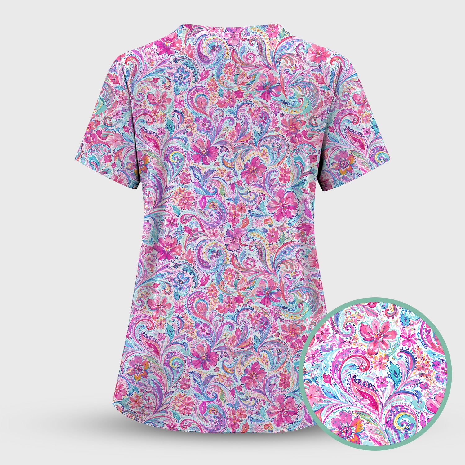 Elegant Pink Paisley Blossom Pattern Scrub Top, Comfortable Scrubs for Nurses