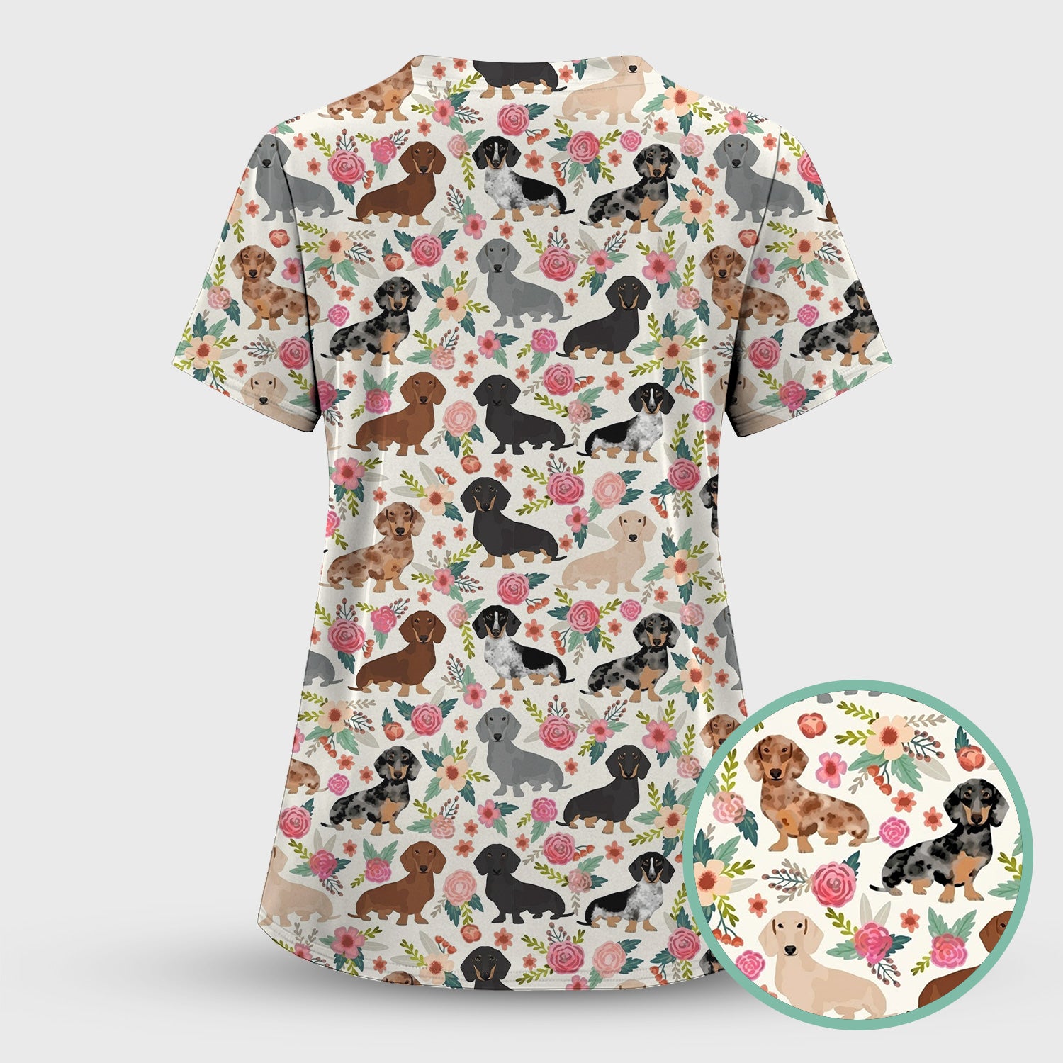 Adorable Dachshund Floral Pattern Scrub Set, Scrub Pants and V Neck Top