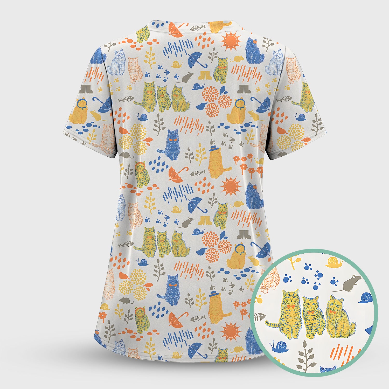 Cozy Rainy Day Cat Lover Nature Nurse Pattern Scrub Top, Comfortable Scrubs for Nurses