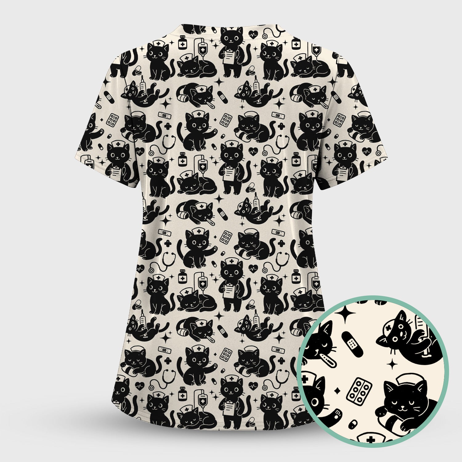 Cute Black Cat Nurse Pattern Scrub Top, Breathable Fabrics Nursing Uniform