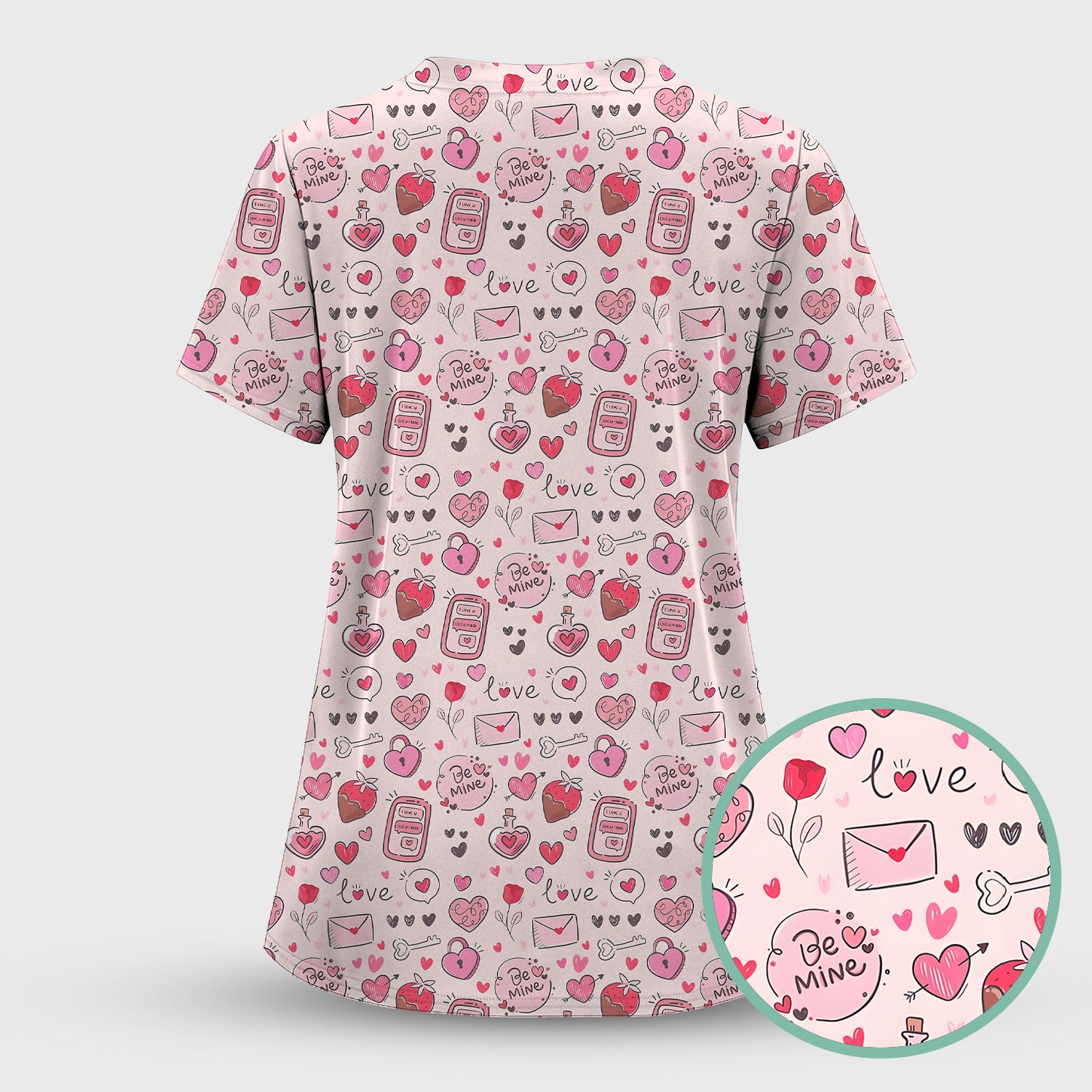 Be Mine Heart Pattern Pattern Scrub Top, Pink Valentine Pattern Nursing Uniform For Women