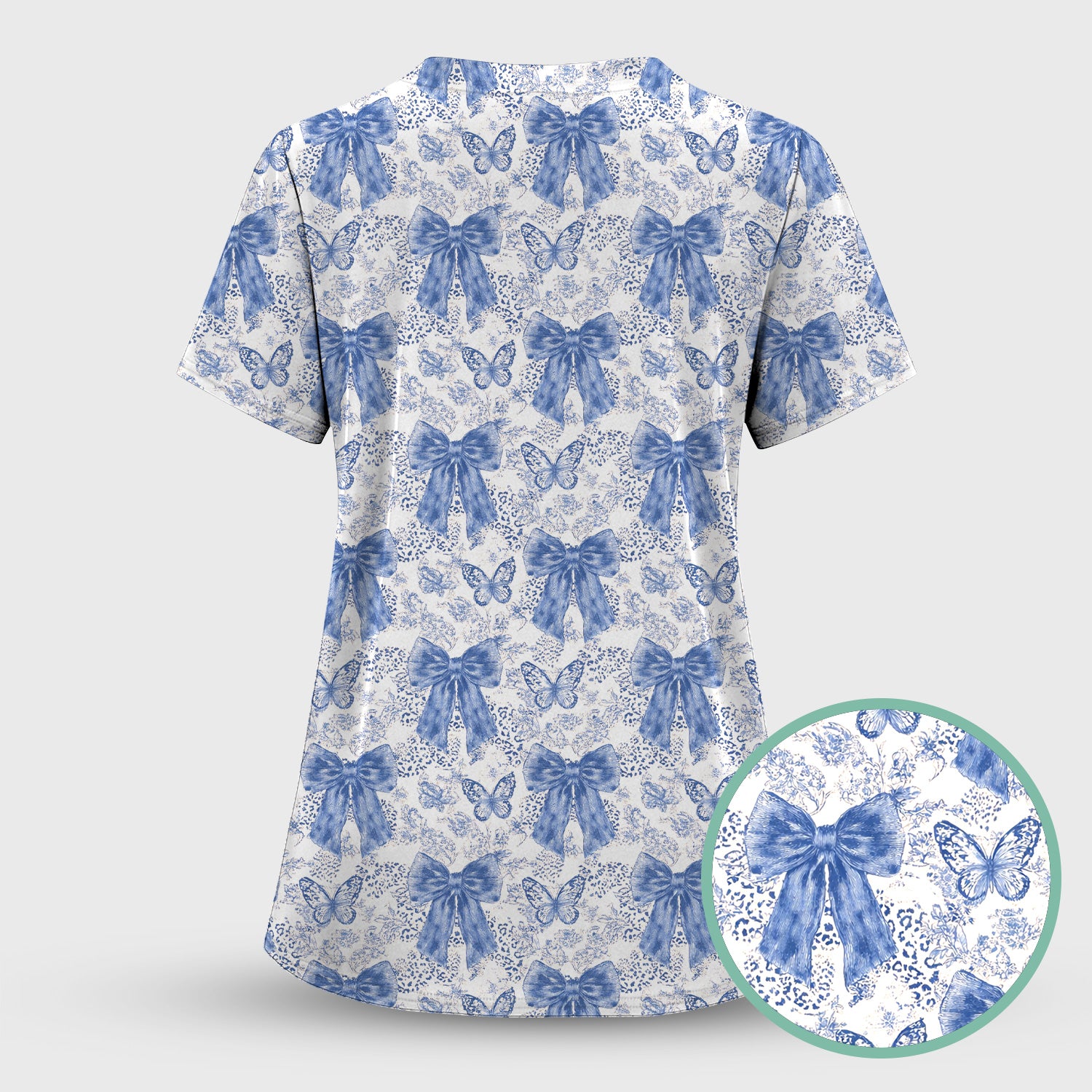 Blue Bow And Butterfly Vintage Floral Scrub Set, Scrub Pants and V Neck Top