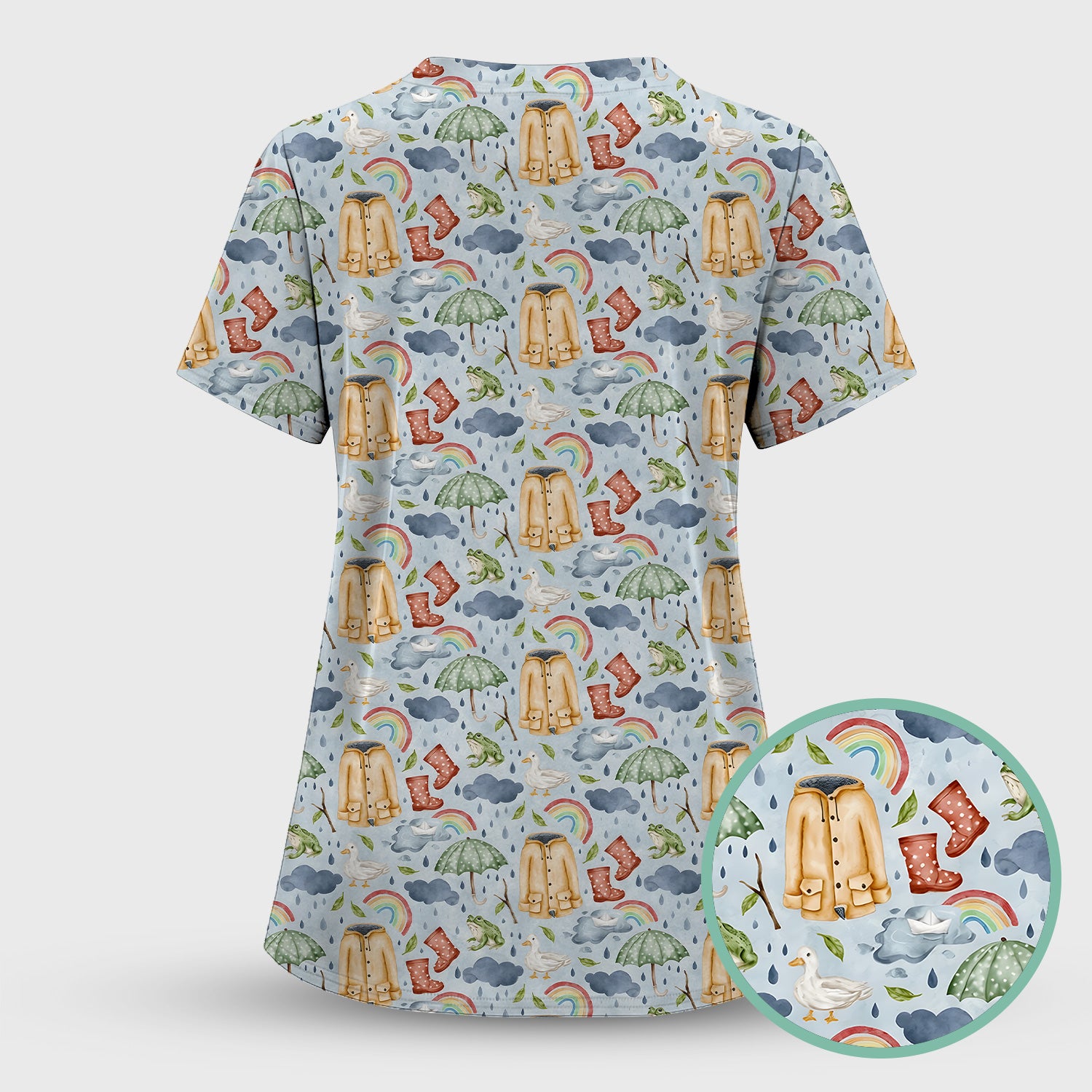 Cute Rainy Day Ducks & Frog Rainbow Pattern Scrub Top, Colorful Gothic Nurse Scrubs Uniform