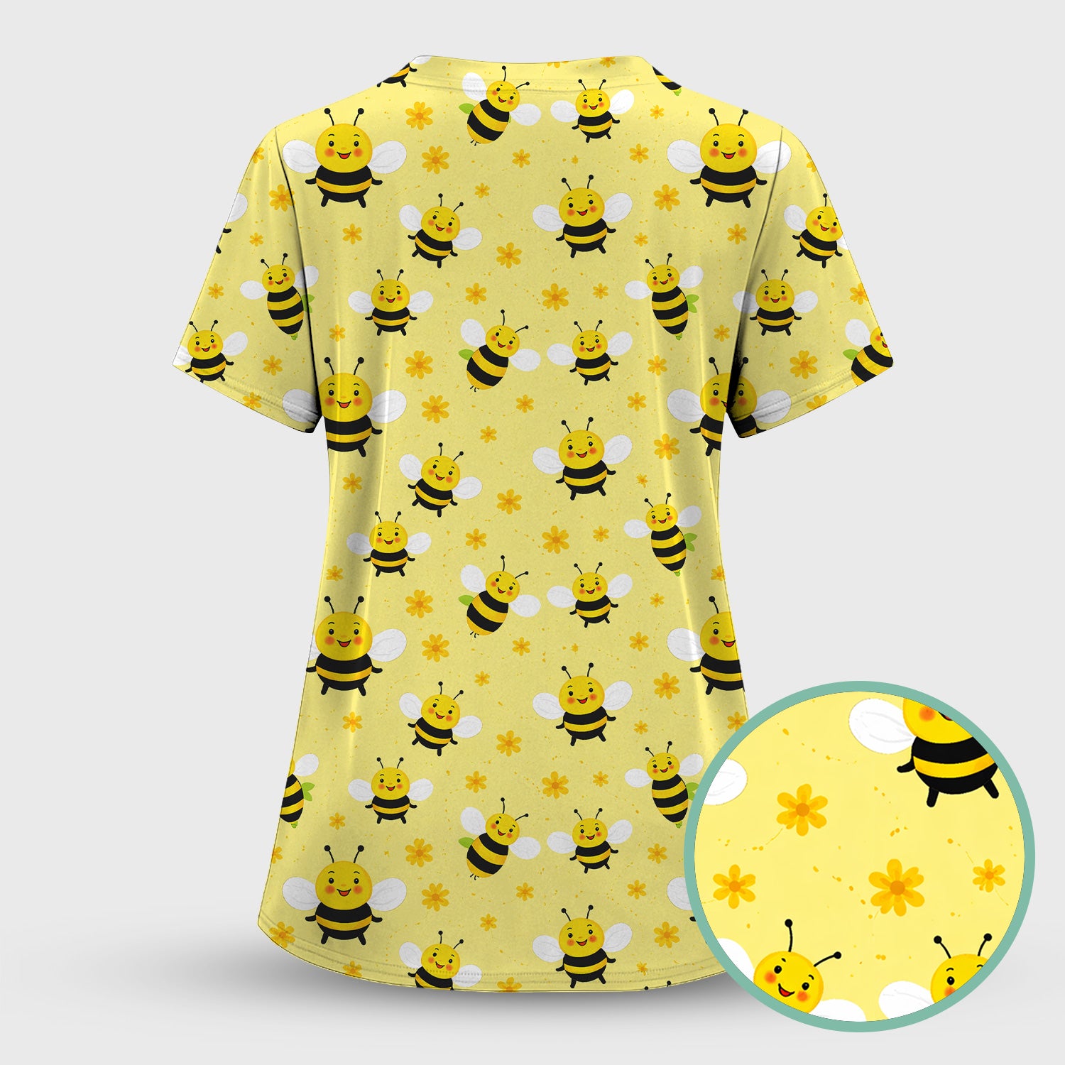 Cute Smiling Bee Yellow Floral Print Scrubs, Comfortable Scrubs for Nurses