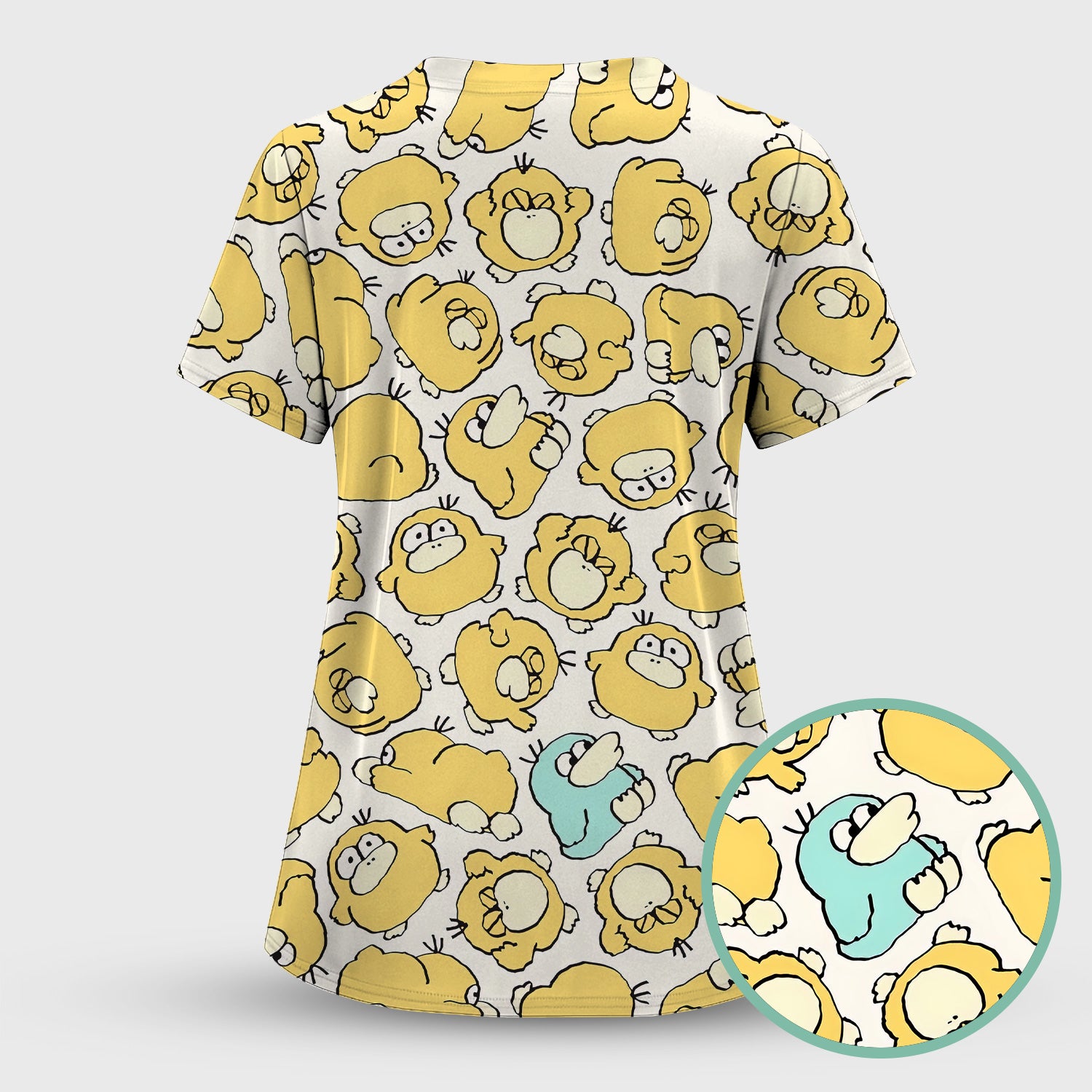 Funny Yellow Cartoon Duck Pattern Scrub Top, Comfortable Scrubs For Nurses