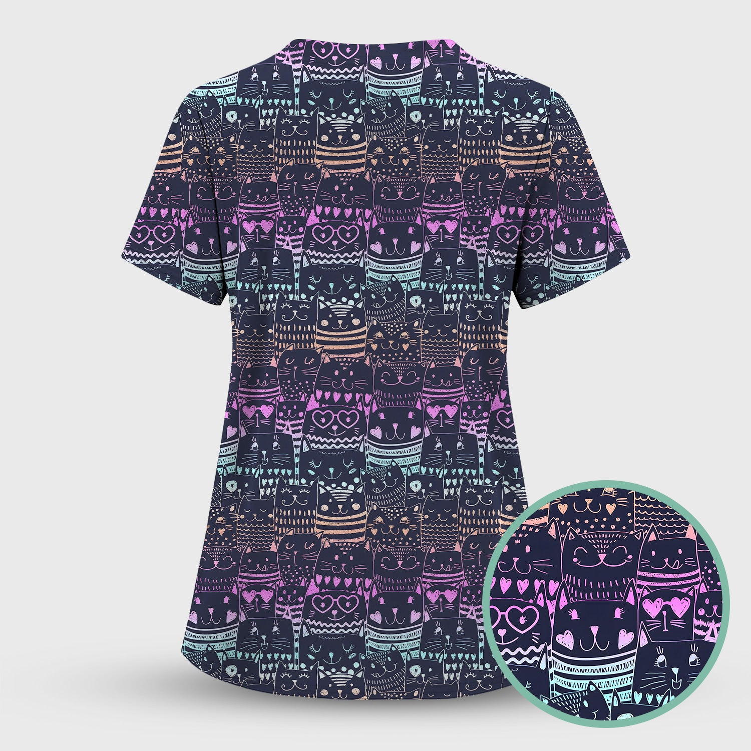 Cute Neon Cat Faces Pattern Scrub Top, Comfortable Scrubs for Nurses
