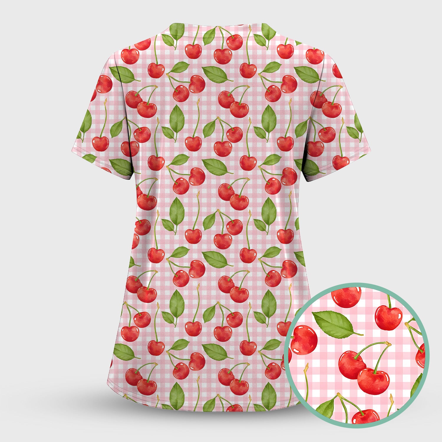 Sweet Red Cherry Gingham Pattern Scrub Set, Scrub Pants and V Neck Top