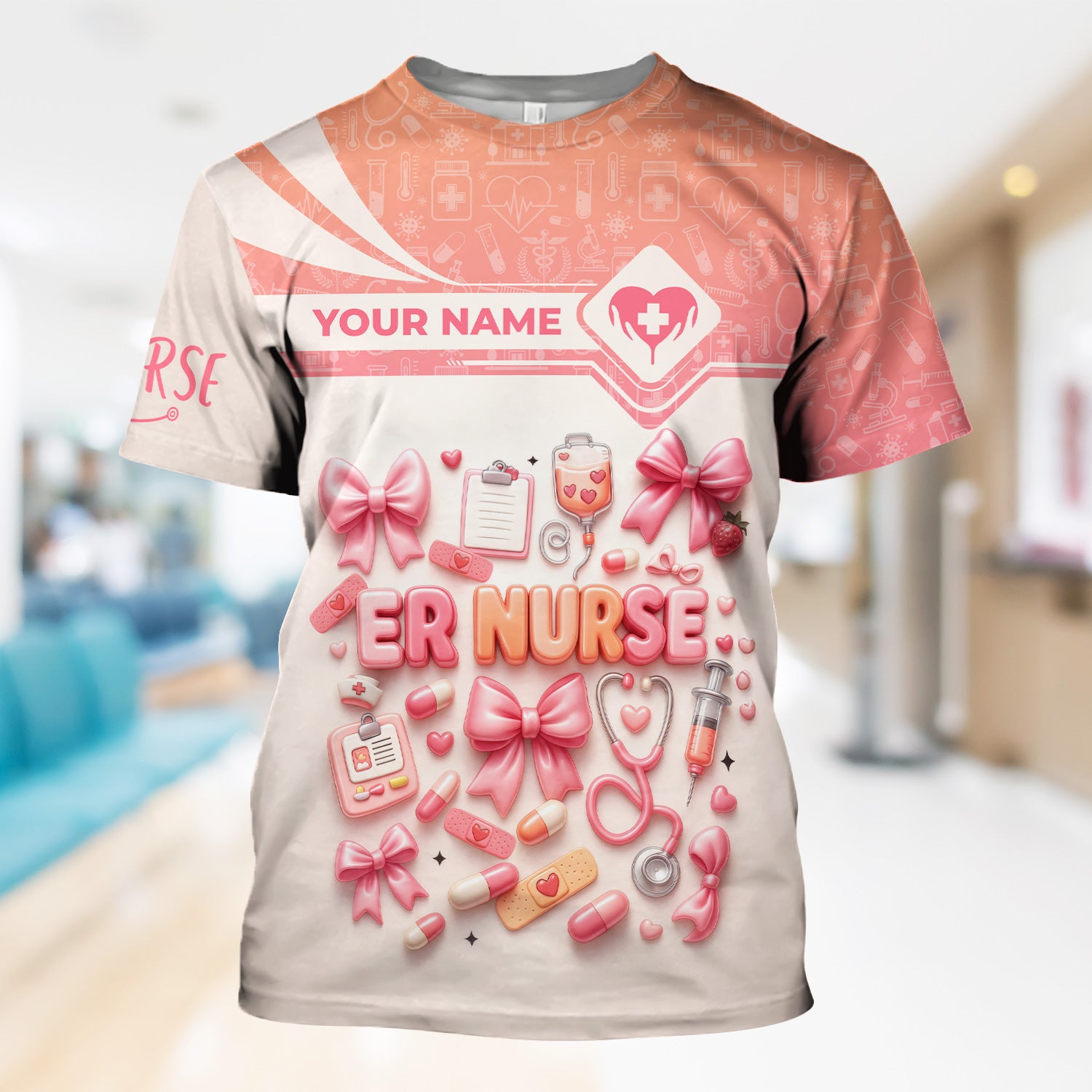 Personalized ER Nurse Scrub Shirt with Name - Cute All Over Print Medical Uniform - Funny Gift for Emergency Room Nurses