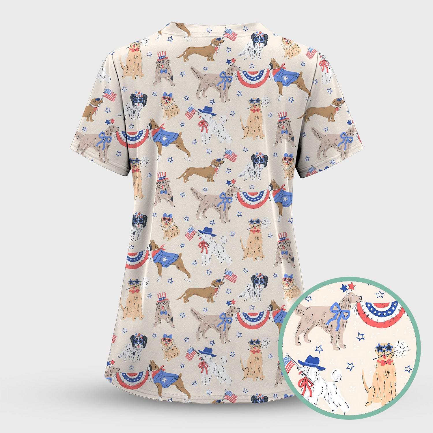 Patriotic Dog Parade Pattern Scrub Set, Scrub Pants and V Neck Top