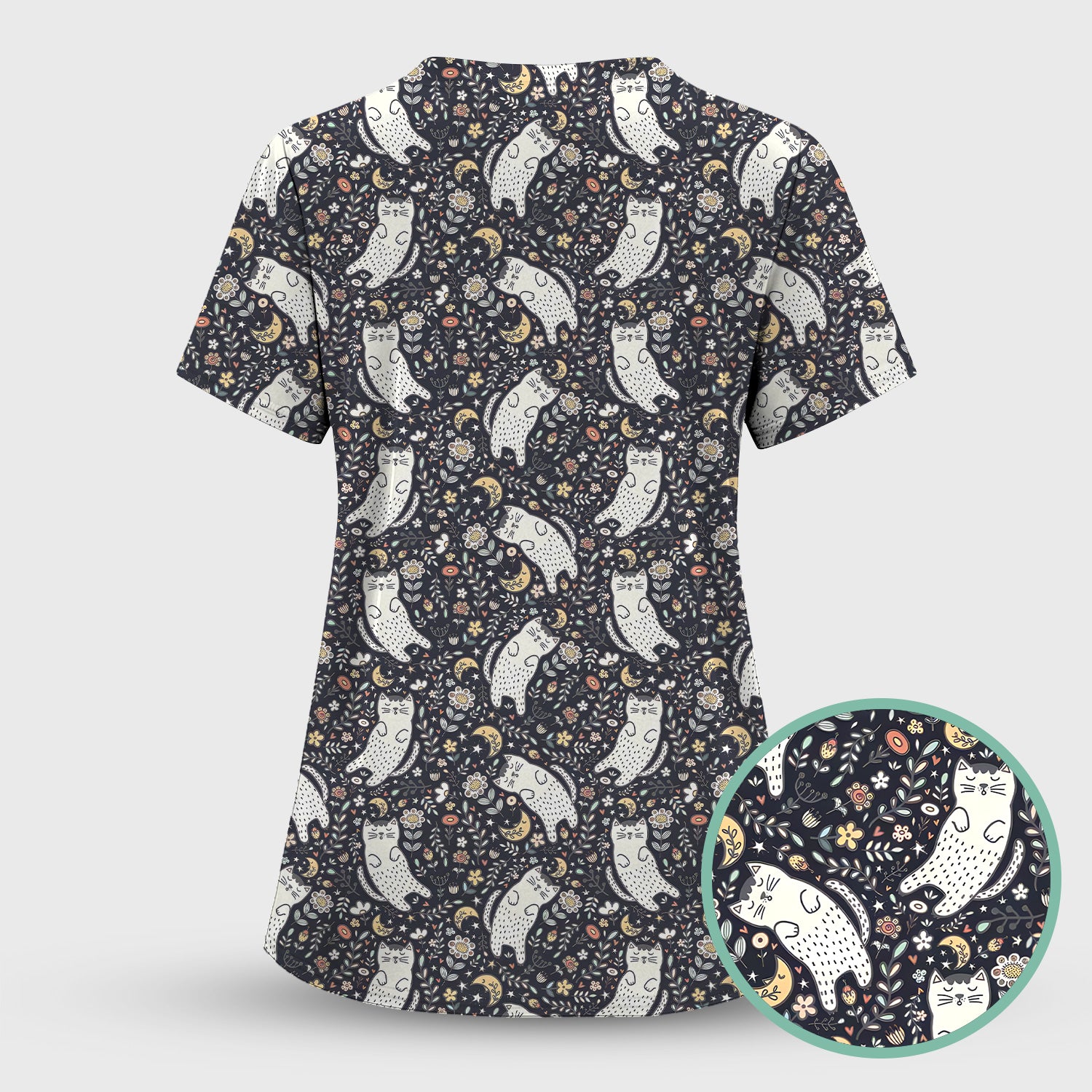 Moonlit Floral Cat Seamless Pattern Scrub Set, Scrub Pants and V Neck Top