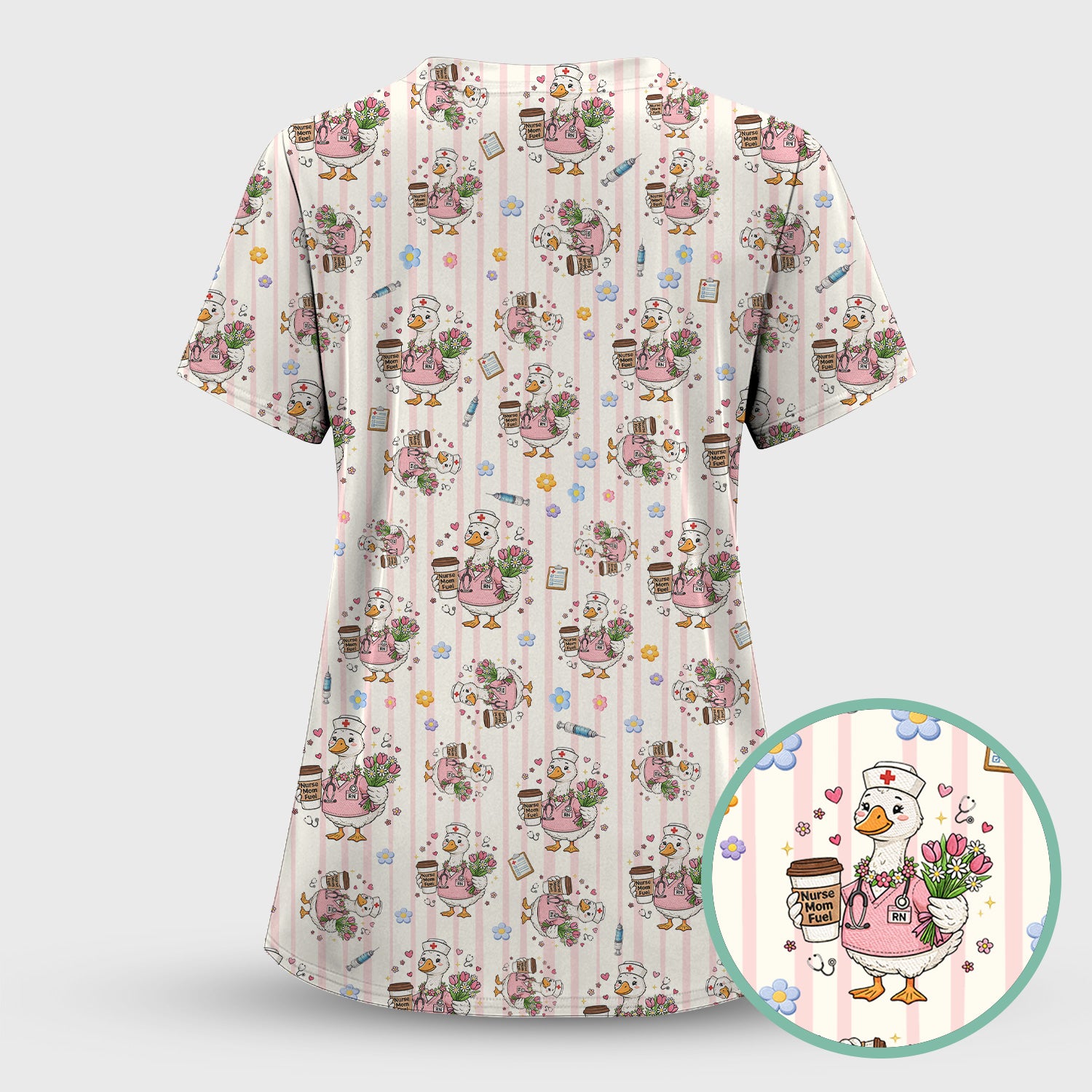 Cartoon Nurse Goose Pattern Scrub Top, Comfortable Scrubs for Nurses