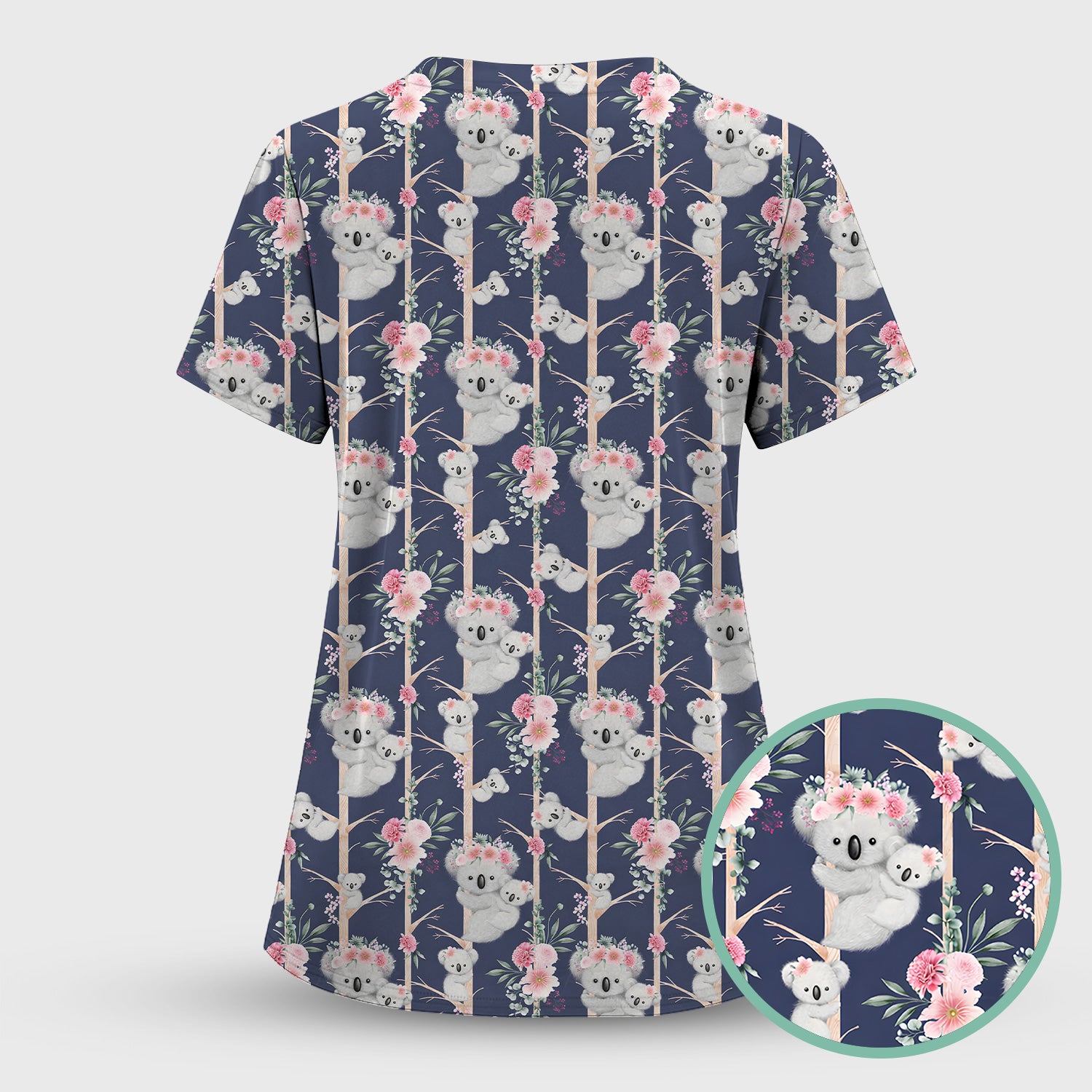 Cute Koala Climbing Tree Blossom Pattern Nurse Scrub Set, Scrub Pants and V Neck Top