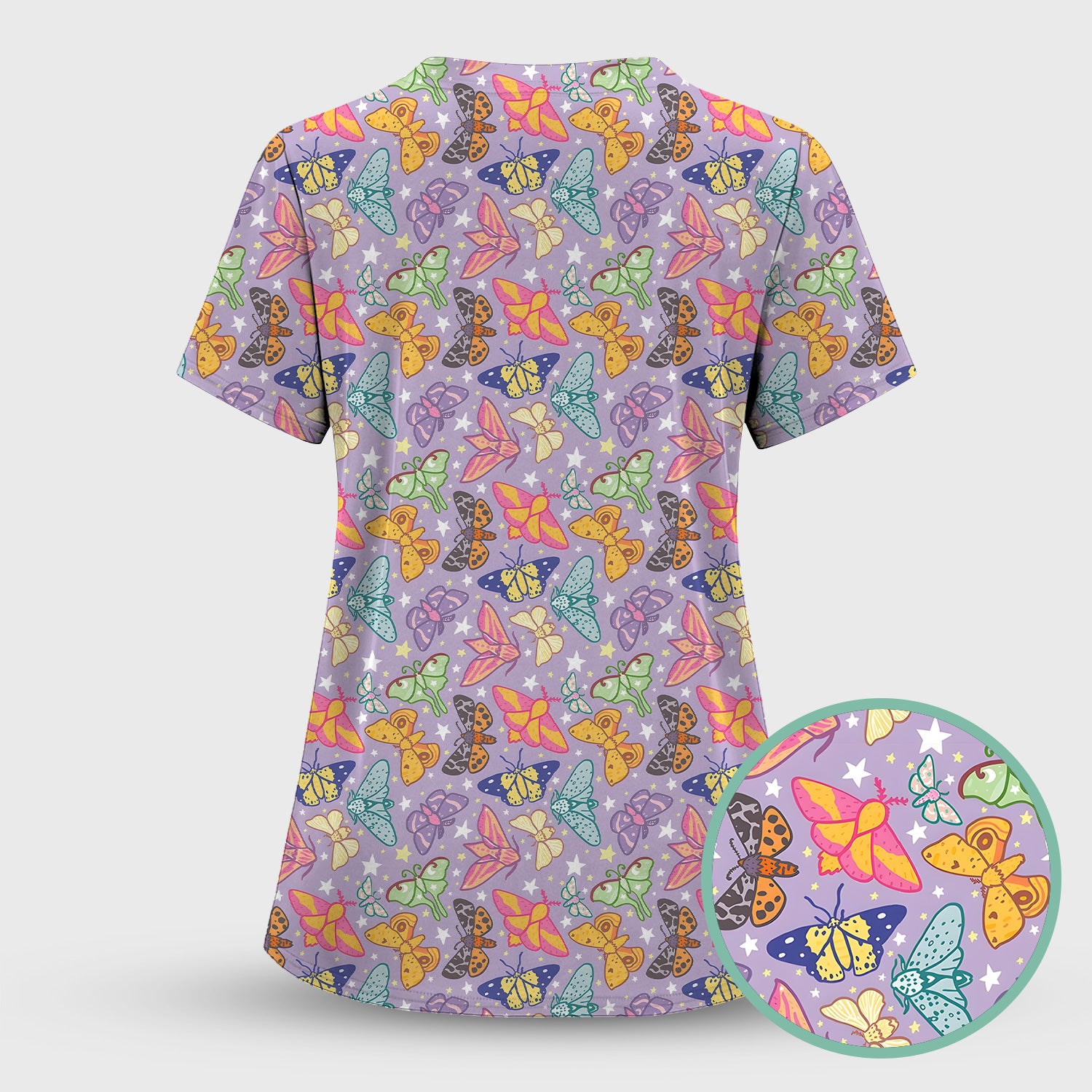 Colorful Butterfly Moth Pattern Scrub Set, Scrub Pants and V Neck Top
