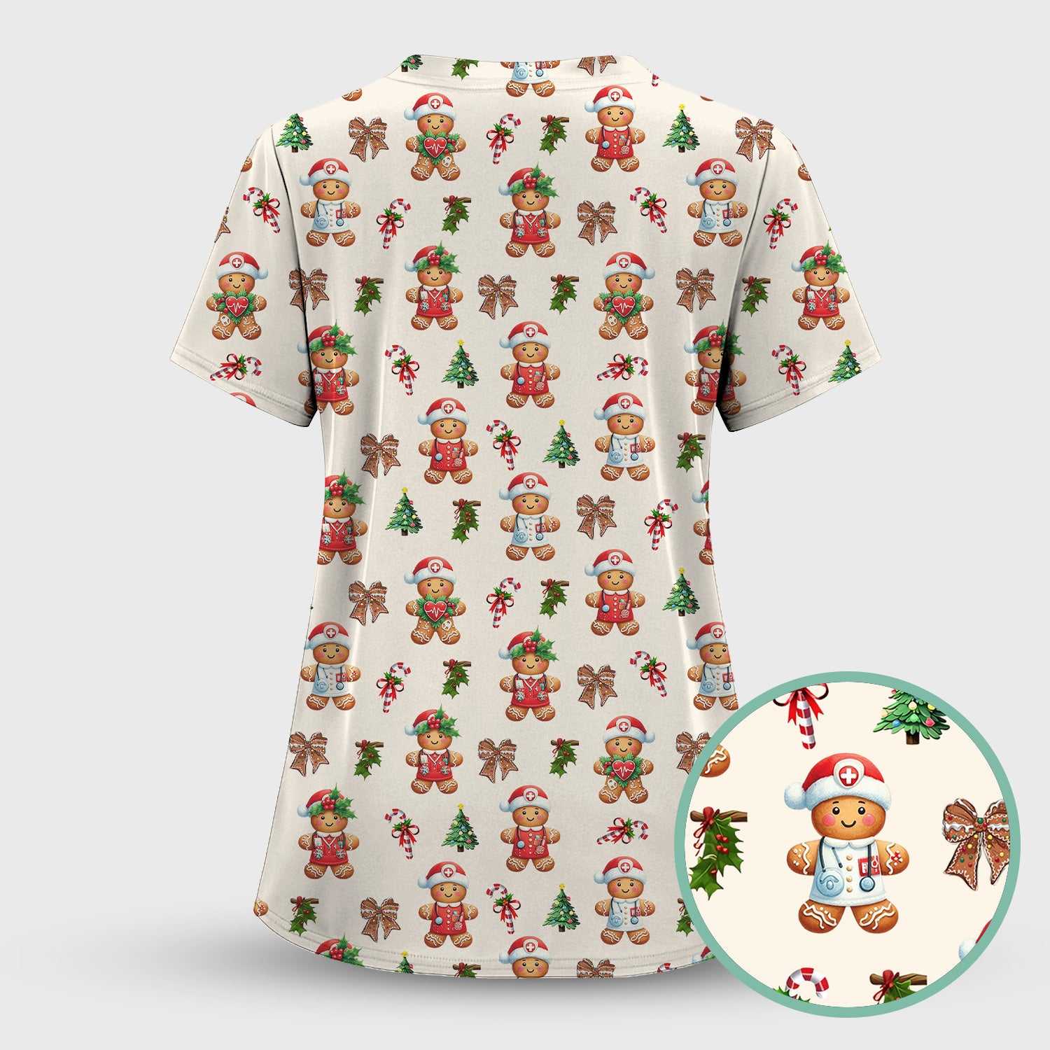 Funny Gingerbread Christmas Scrub Top - Cute Cookie with Bow Shirt - Festive Holiday Scrubs for Women