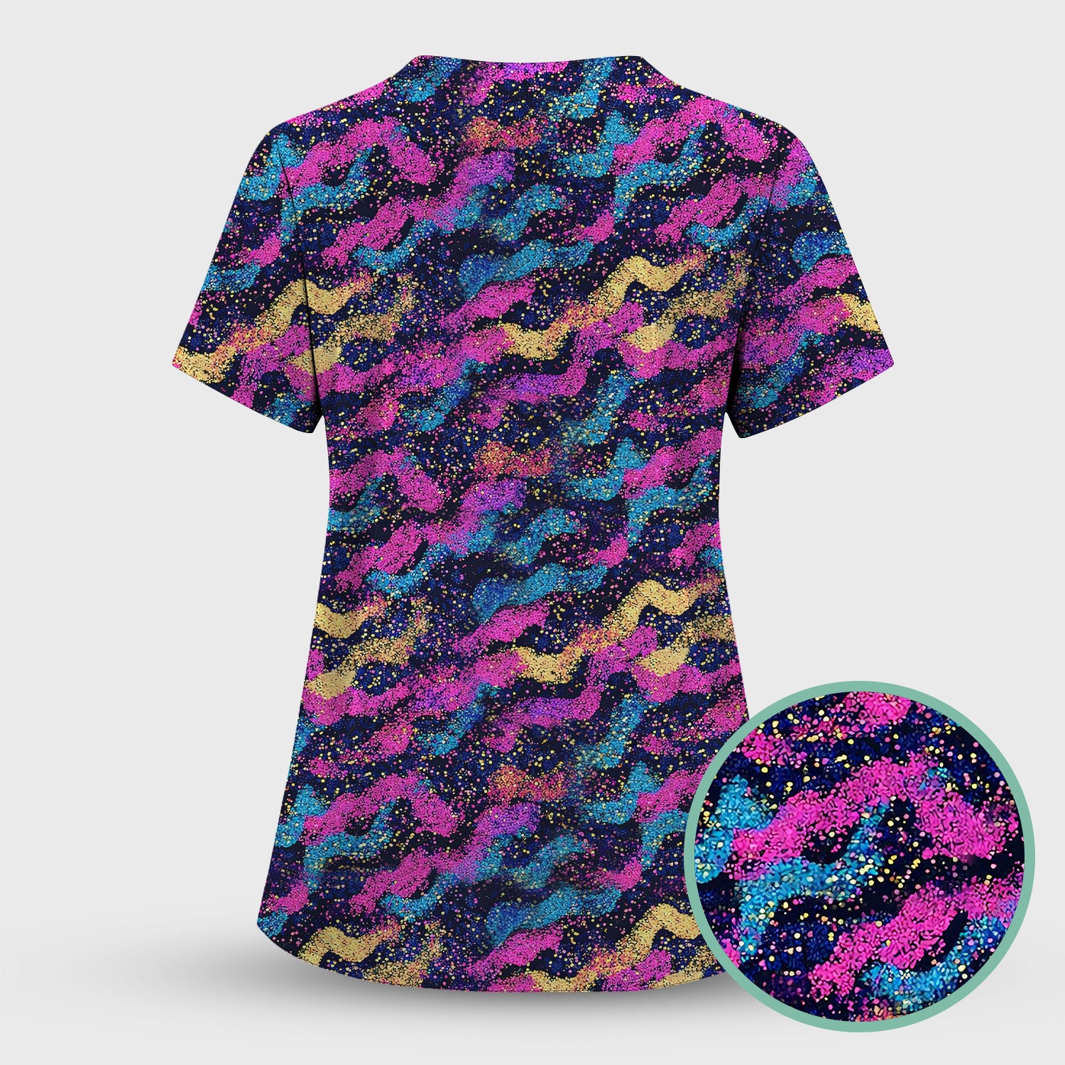 Neon Glitter Galaxy Wavy Pattern Scrub Set, Scrub Pants and V Neck Top