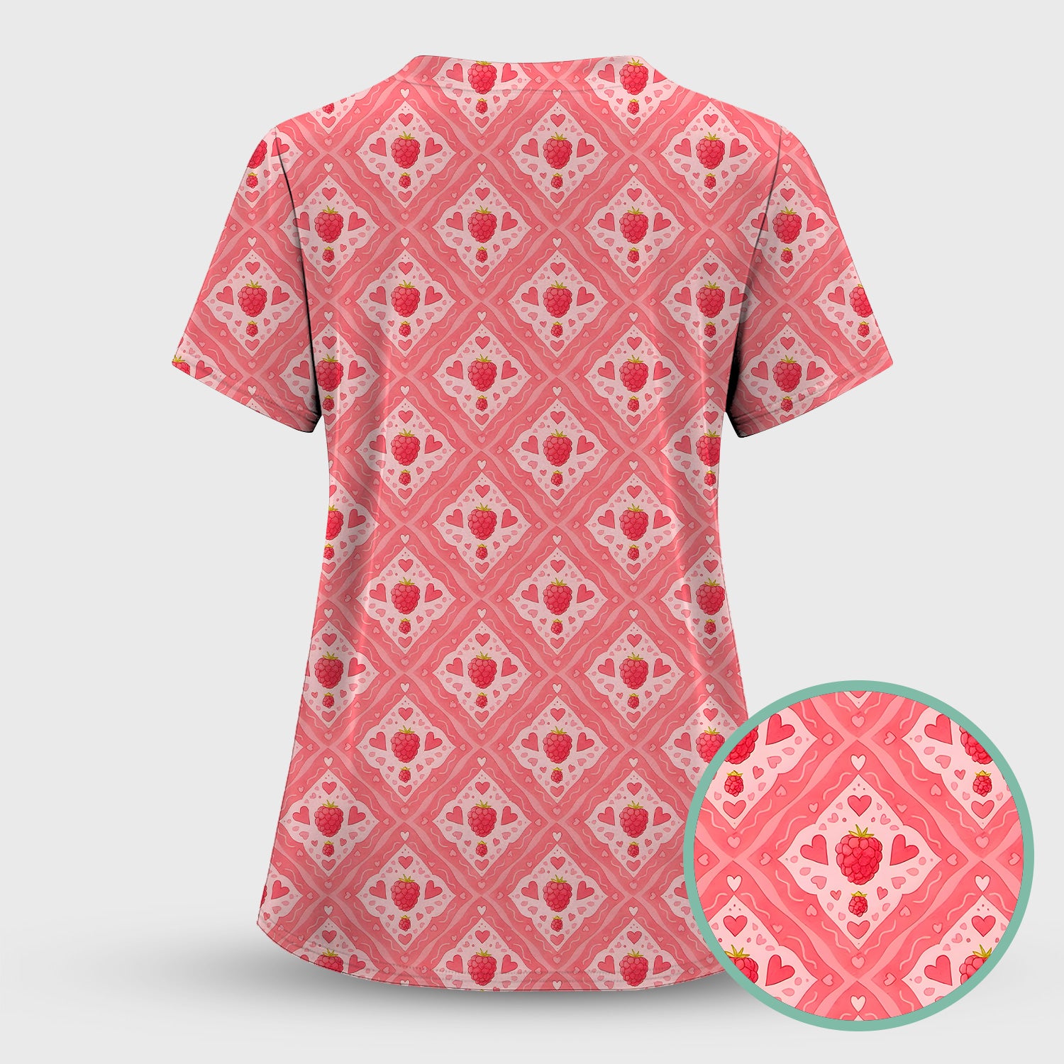 Sweet Red Cherry Gingham Pattern Scrub Set, Scrub Pants and V Neck Top