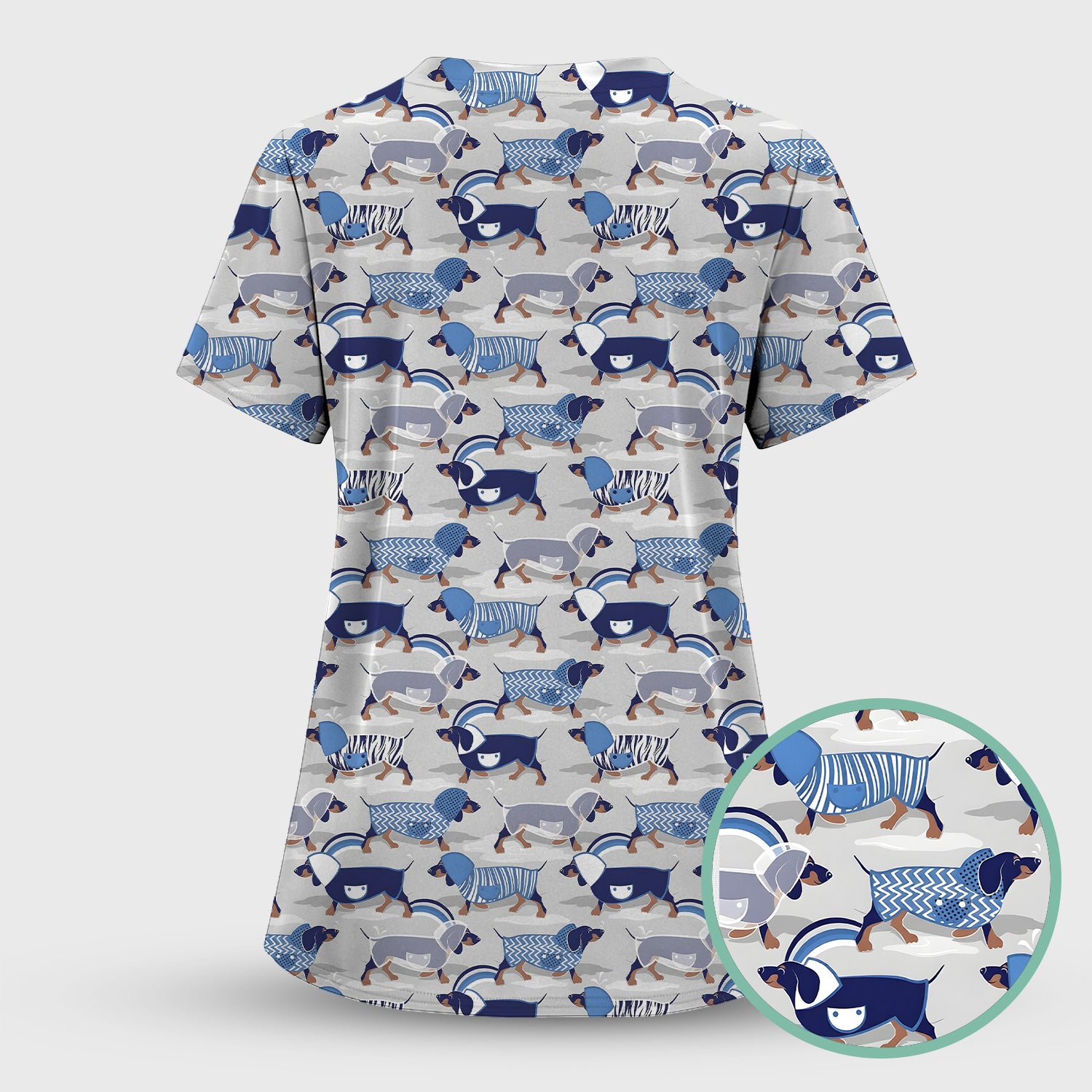 Cute Dachshund Raincoat Parade Pattern Scrub Set, Scrub Pants and V Neck Top
