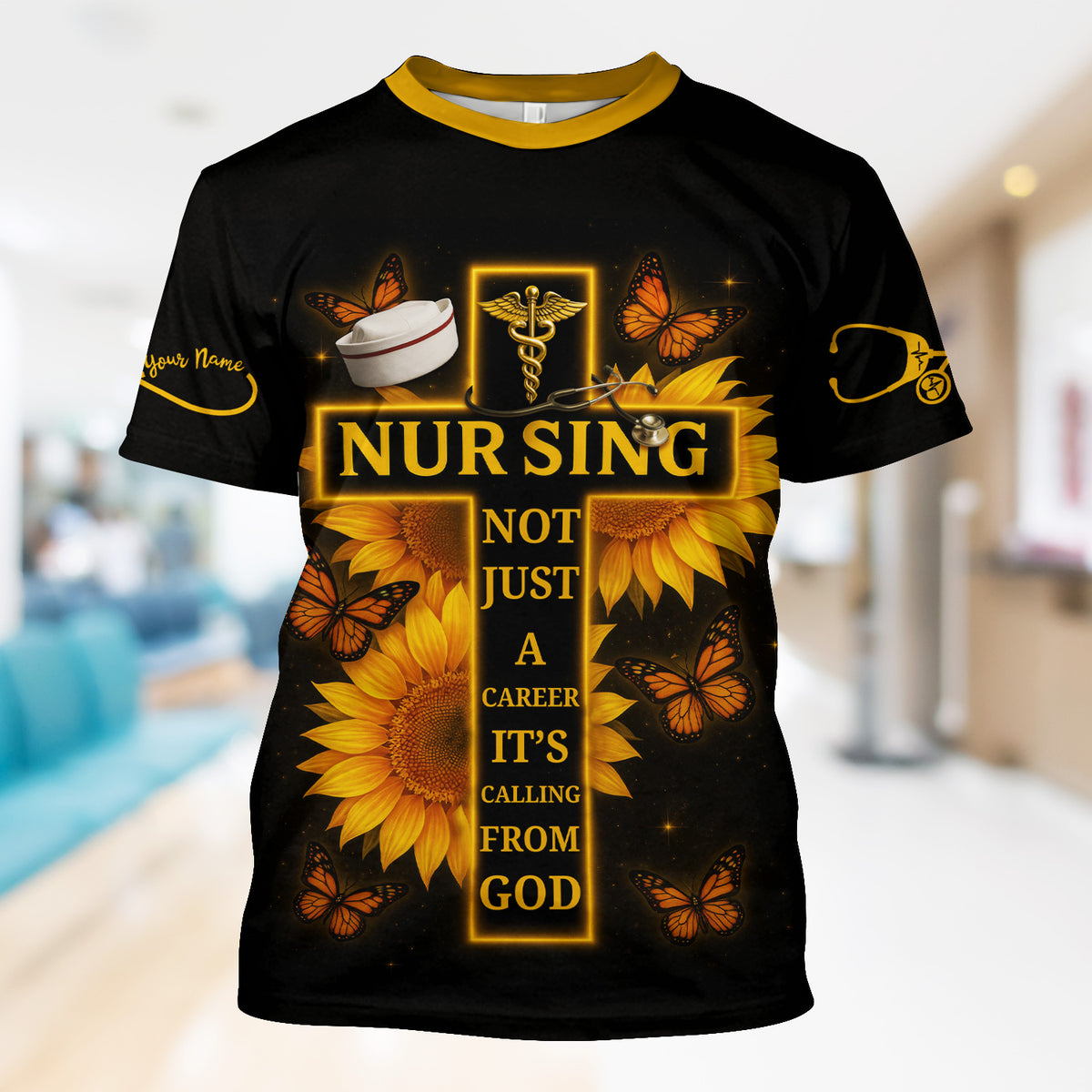 Personalized Nurse Faith Scrub Top - Religious RN CNA LPN Work Shirt - Custom Gift for Nurses Healthcare Workers with Sunflower Butterfly