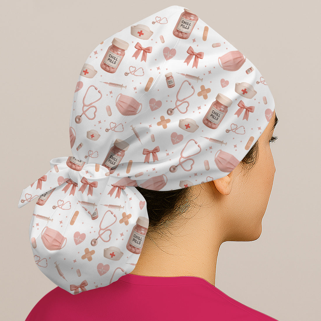 Personalized Cute Nurse Scrub Cap - Chill Pill & Medical Icons Pattern - Fun Gift for Women, RN, LPN, CNA