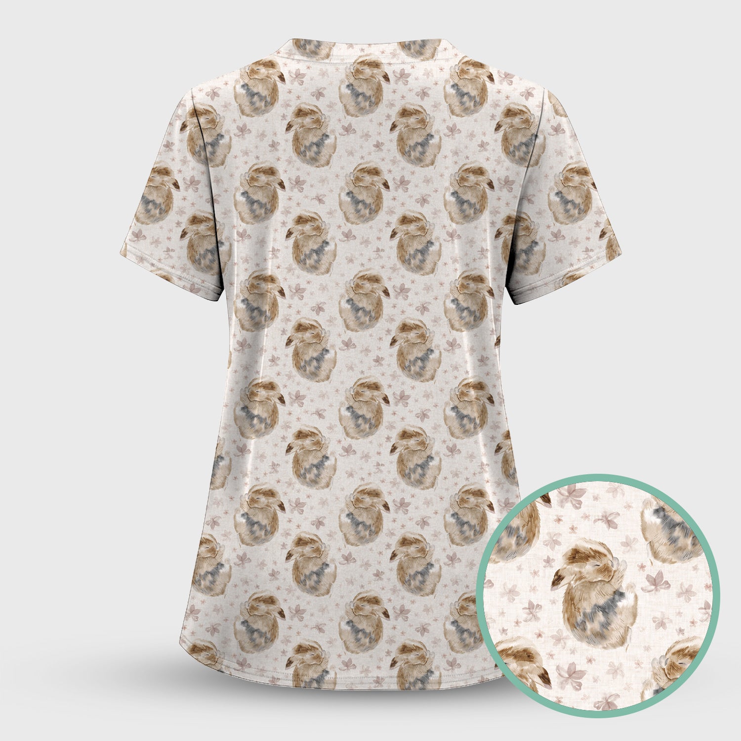 Cute Sleeping Bunny Floral Meadow Pattern Nurse Scrub Set, Scrub Pants and V Neck Top