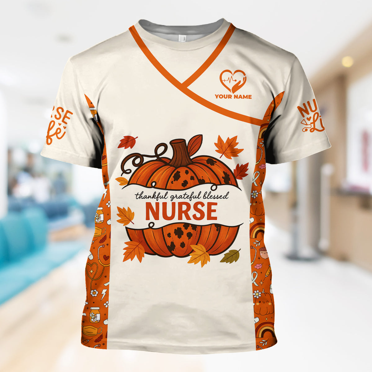 Thankful Grateful Blessed Nurse Scrub Top - Fall Pumpkin Thanksgiving Shirt - Personalized Autumn Gift for Women RN CNA LPN