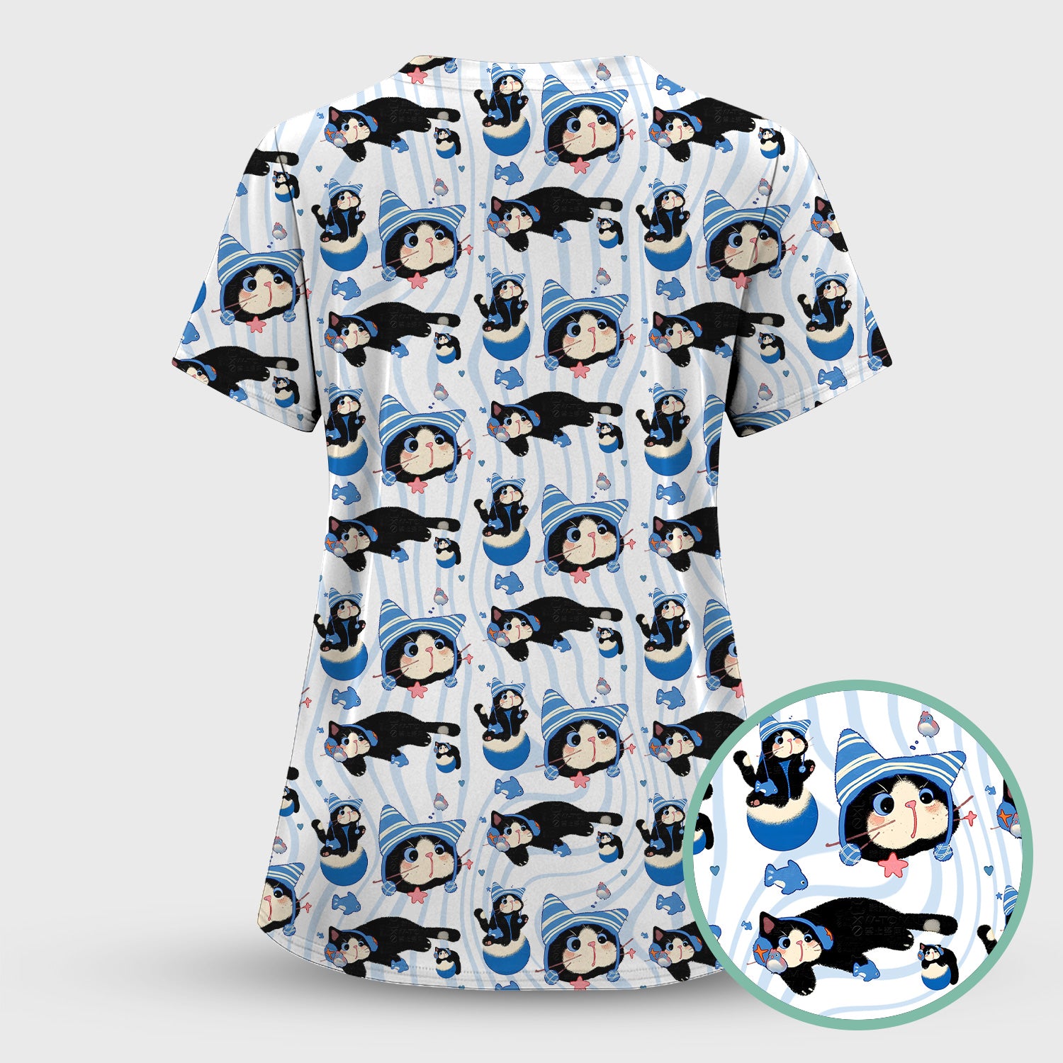 Charming Kitten Fish Pattern Scrub Set, Scrub Pants and V Neck Top