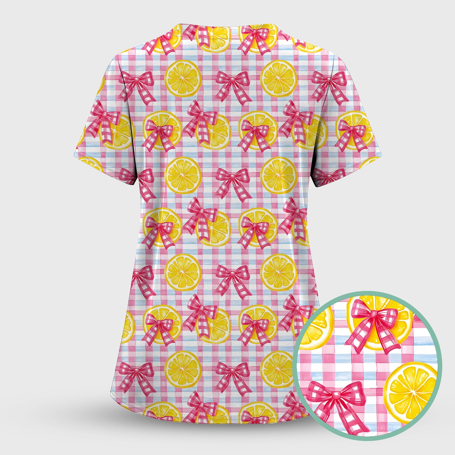 Cute Lemon Slice Pink Bow Gingham Pattern Scrub Set, Scrub Pants and V Neck Top