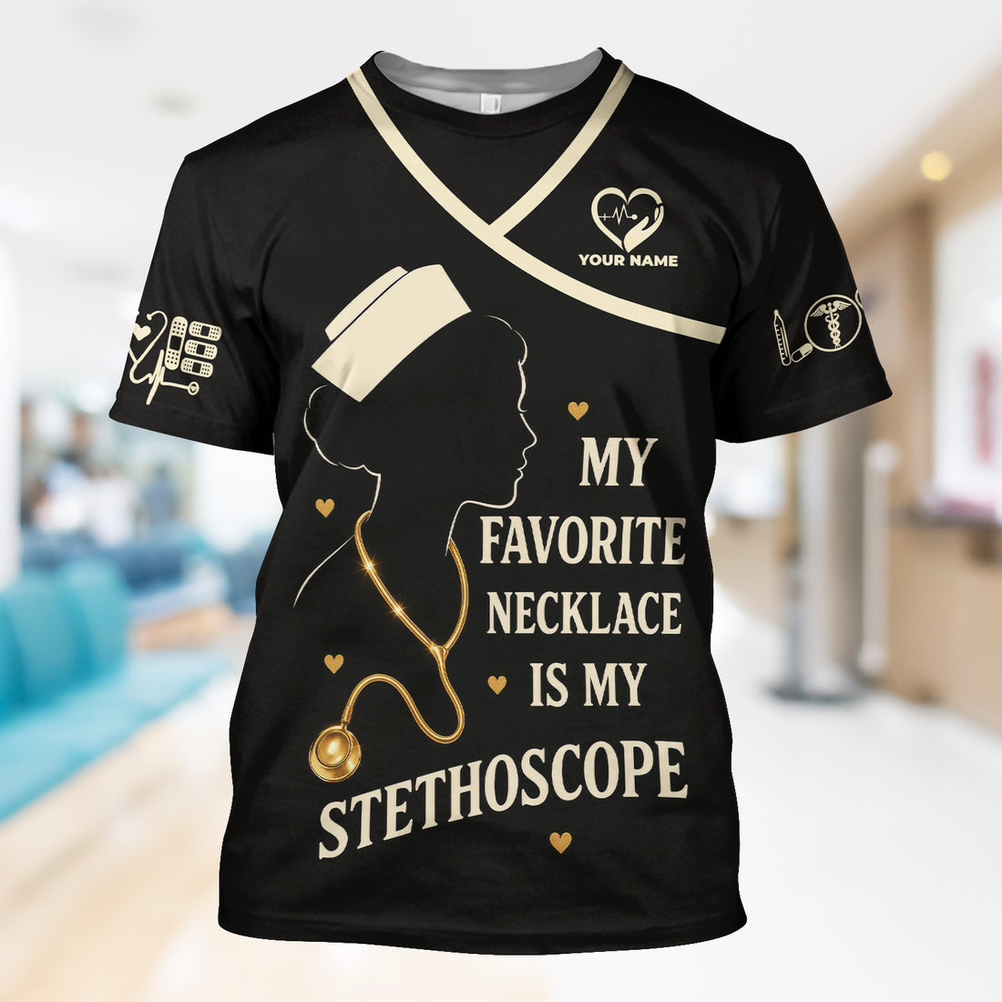 Personalized Funny Nurse Graphic Shirt - Stethoscope Necklace Quote - Gift for Registered Nurse, EMT, Medical Assistant