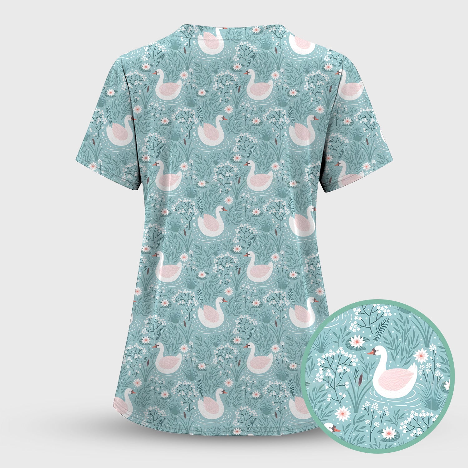 Sweet Swan Waterlily Garden Pattern Scrub Set, Scrub Pants and V Neck Top